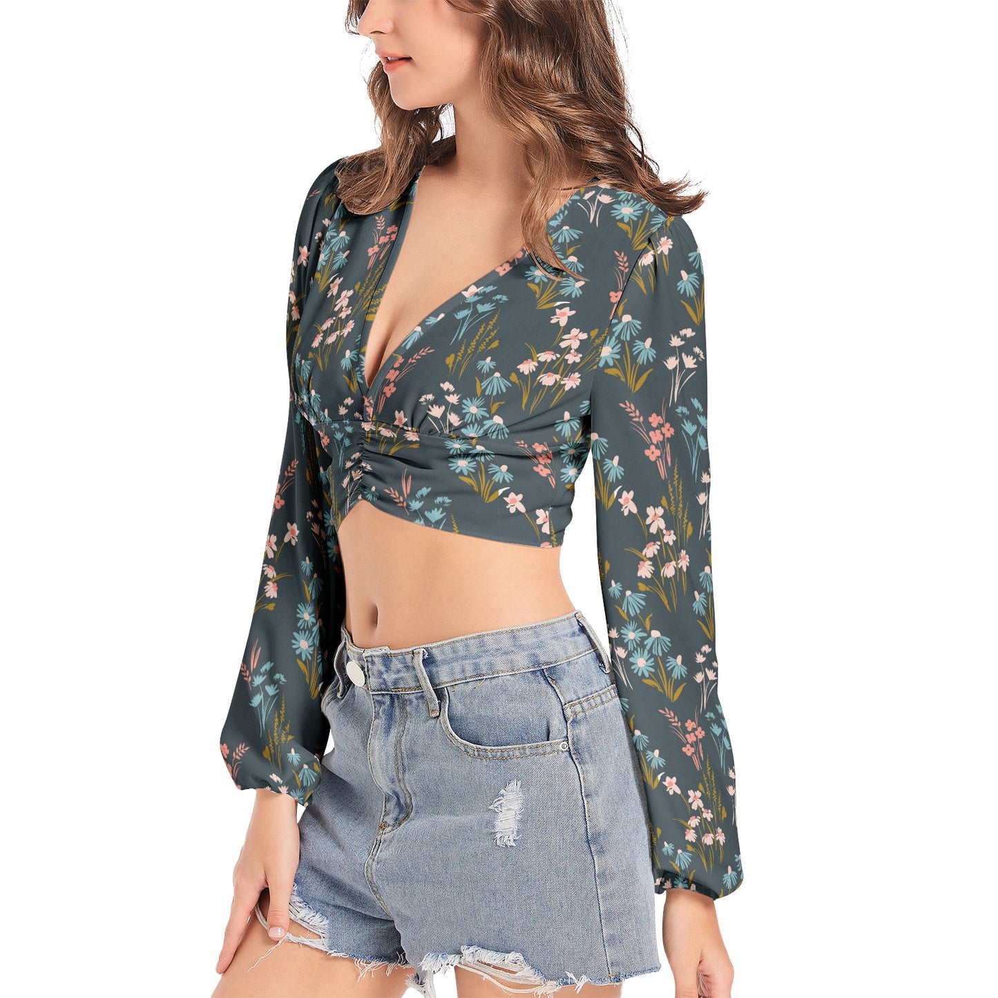 Women's Deep V-Neck Lantern Sleeve Crop Top