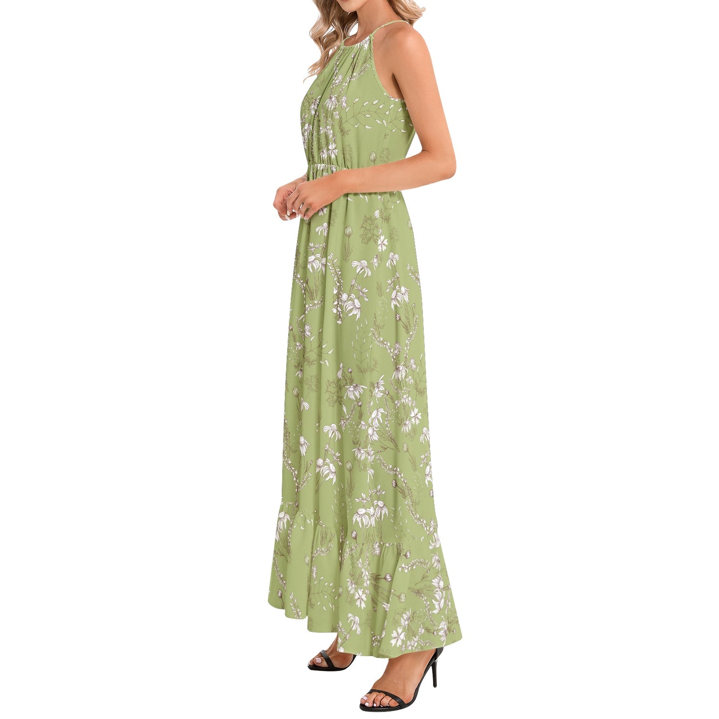 Ruffle Hem Halter Neck Maxi Dress