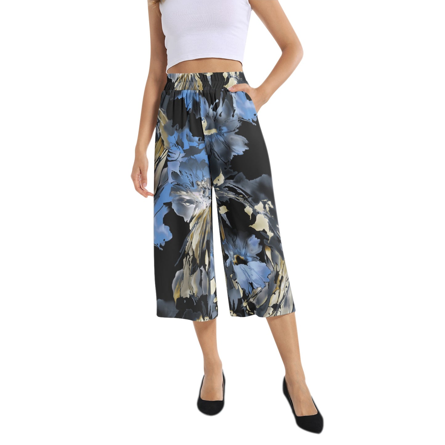 Elastic Waist Capris Wide Leg Pant