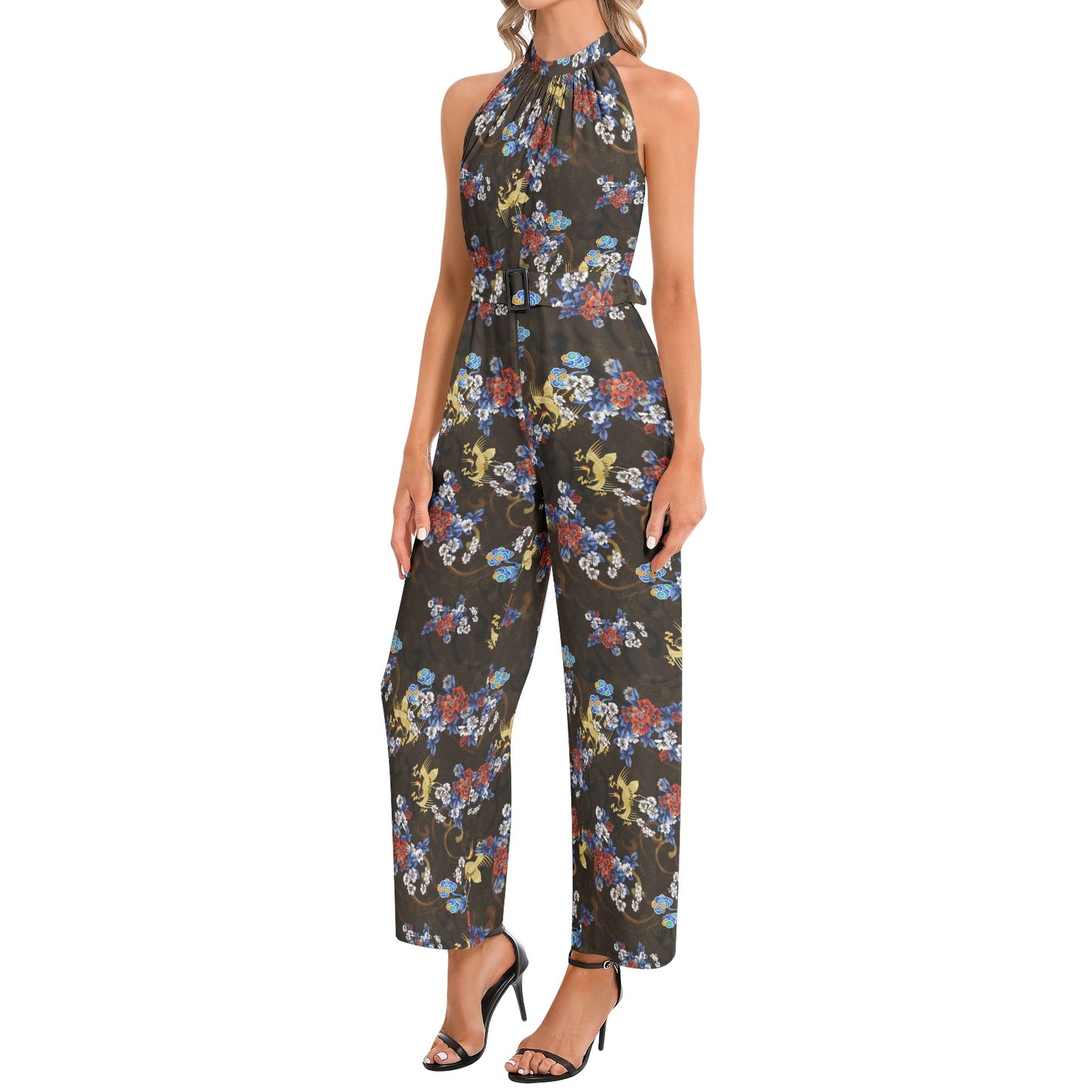 Halter Neck Buckle Belted Jumpsuit