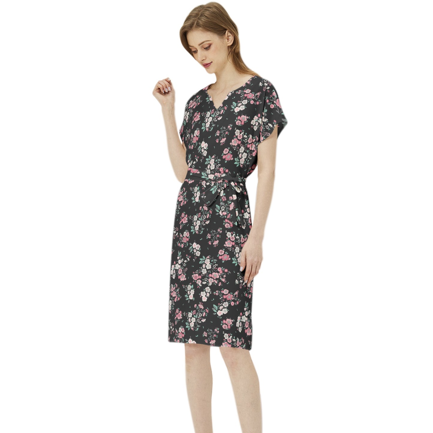 Betwing Seleeve Notch Neck Casual Dress with Belt