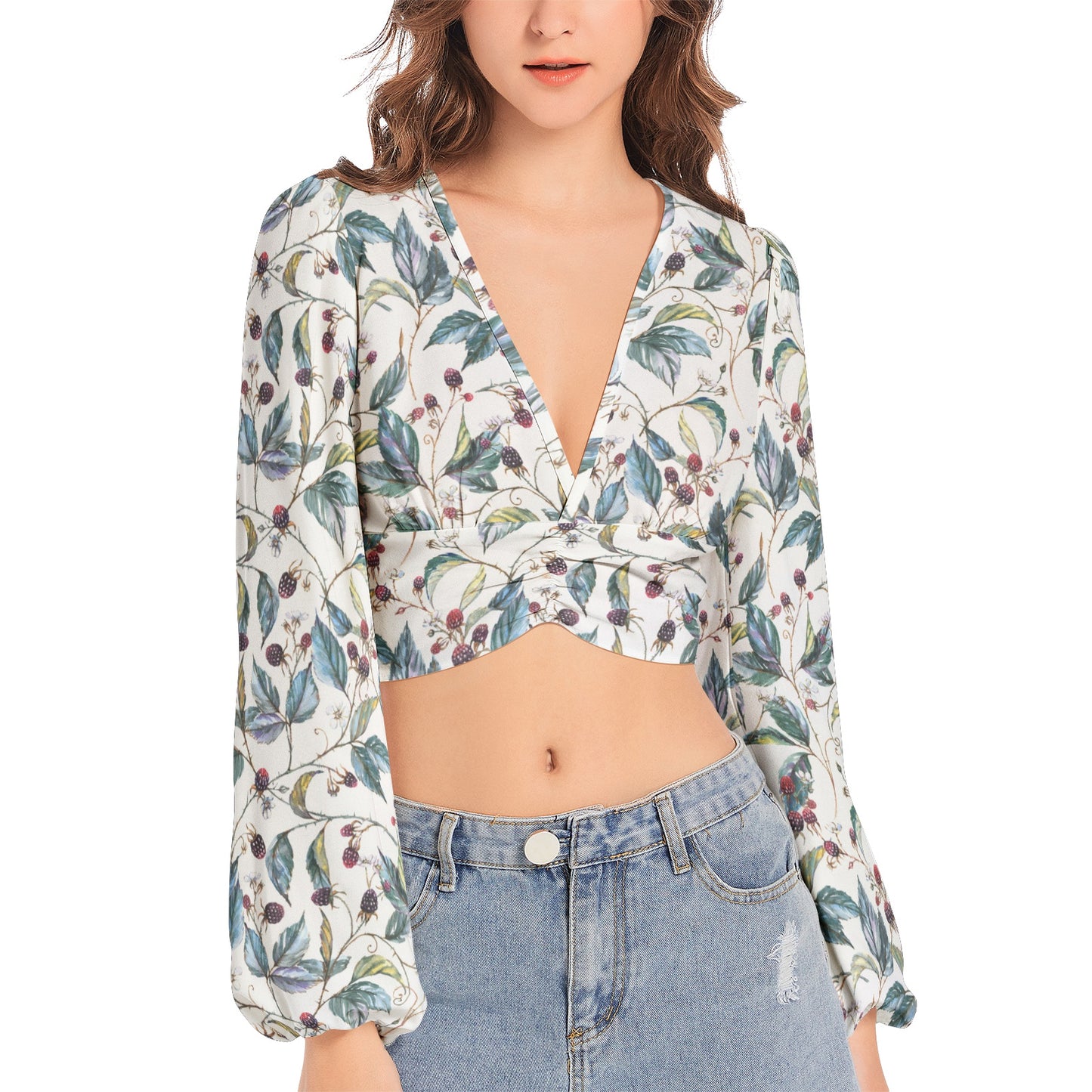 Women's Deep V-Neck Lantern Sleeve Crop Top