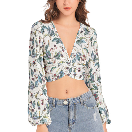 Women's Deep V-Neck Lantern Sleeve Crop Top