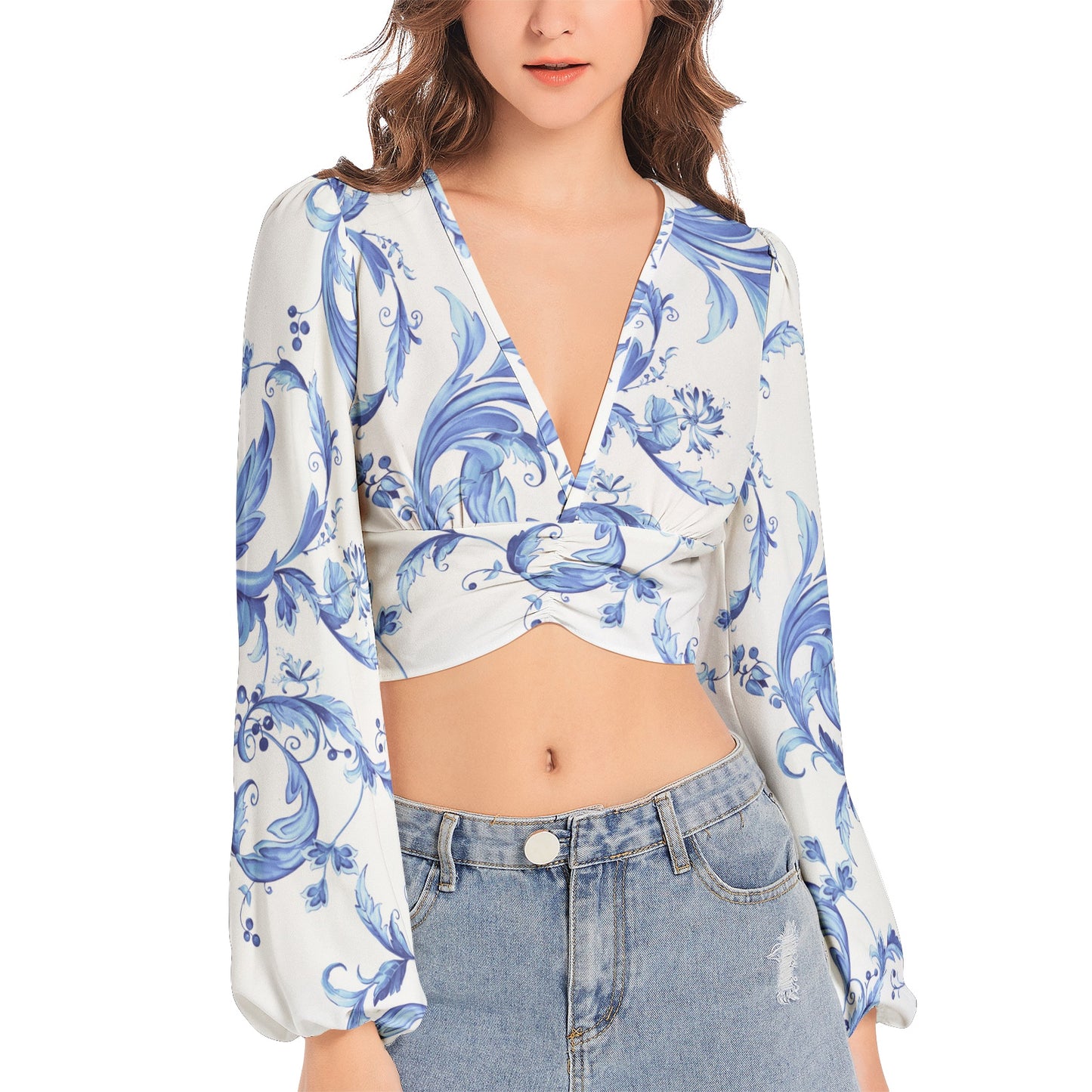 Women's Deep V-Neck Lantern Sleeve Crop Top