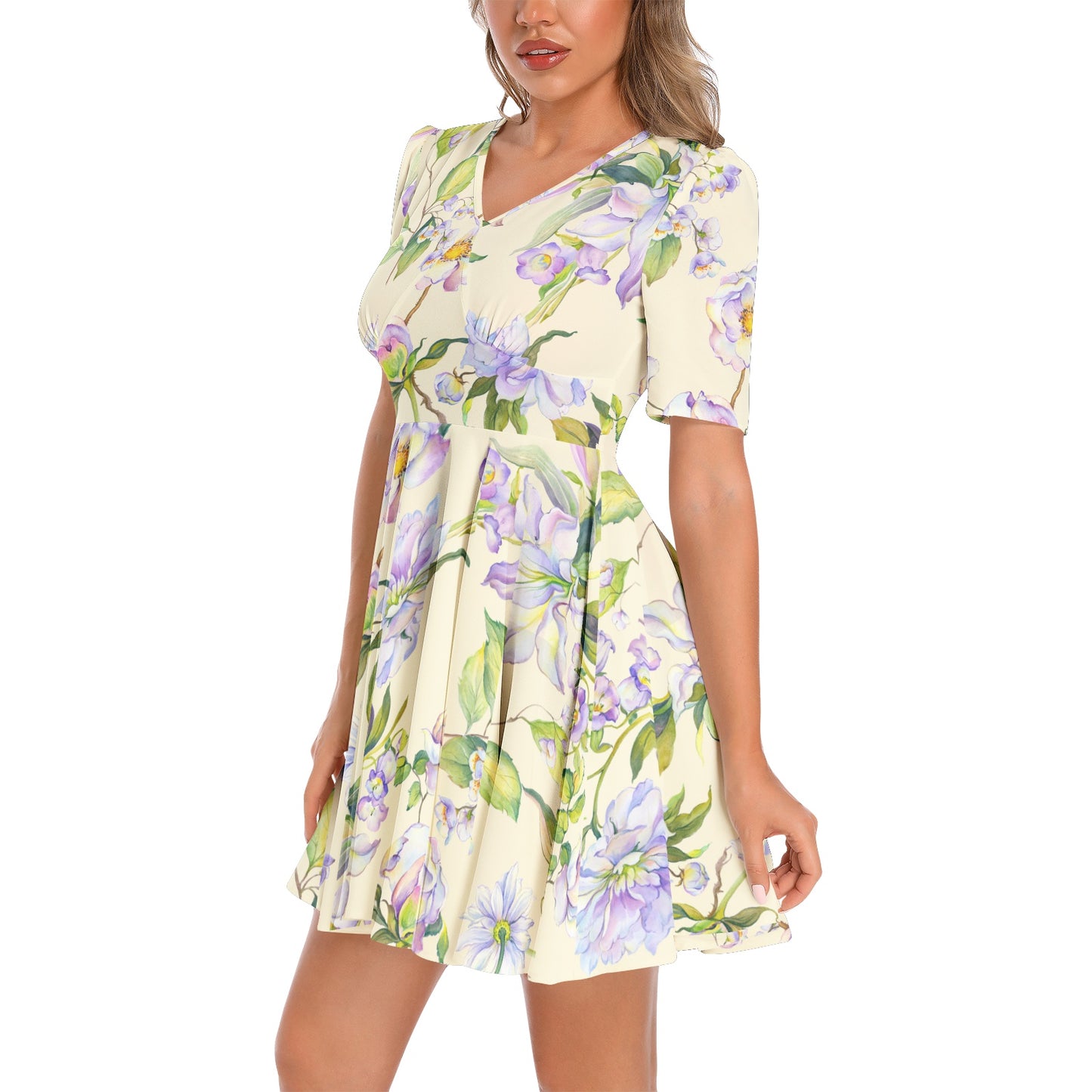 Short Sleeve Ruched Bust Flared Hem Dress