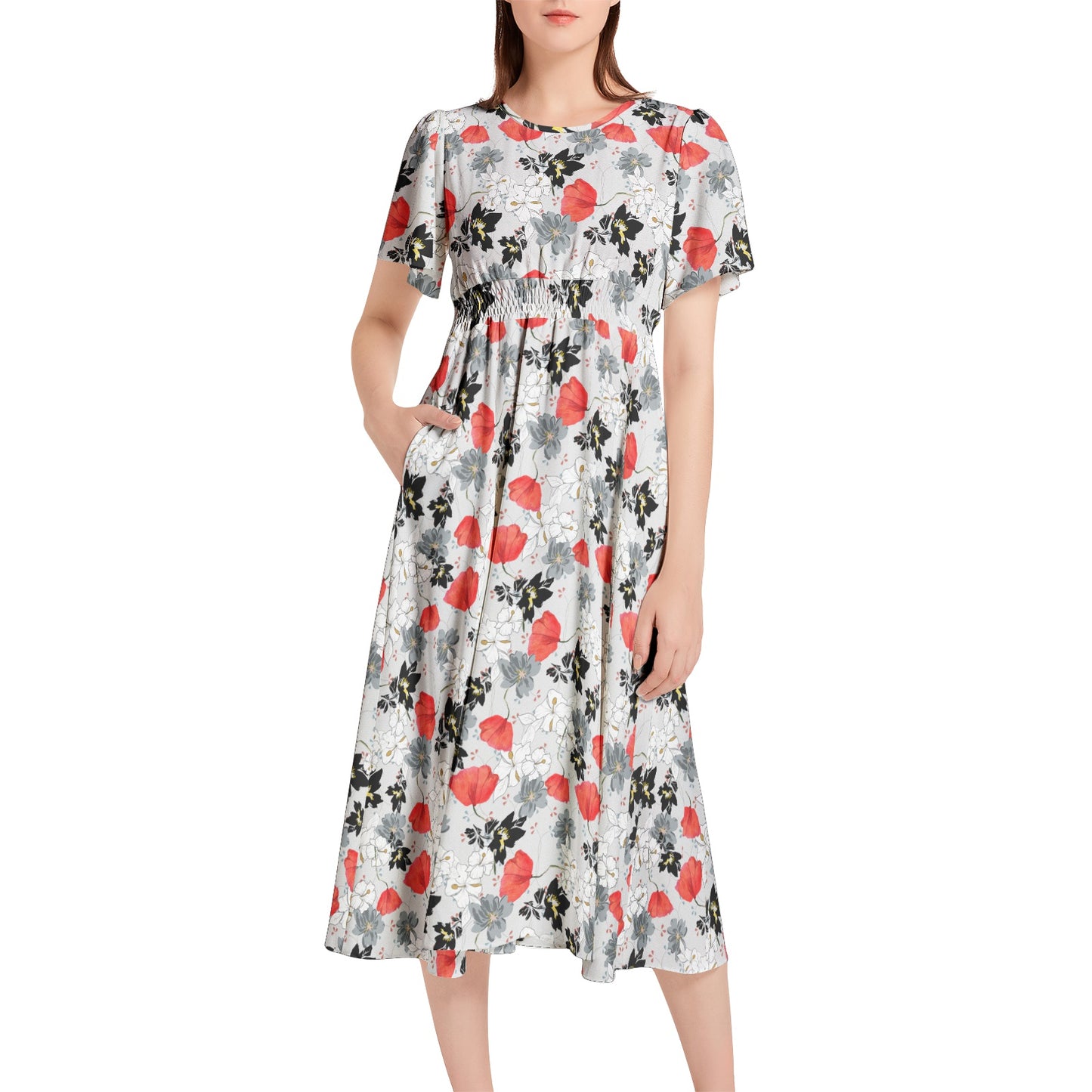 Short Sleeve Shirred Waist Midi Dress