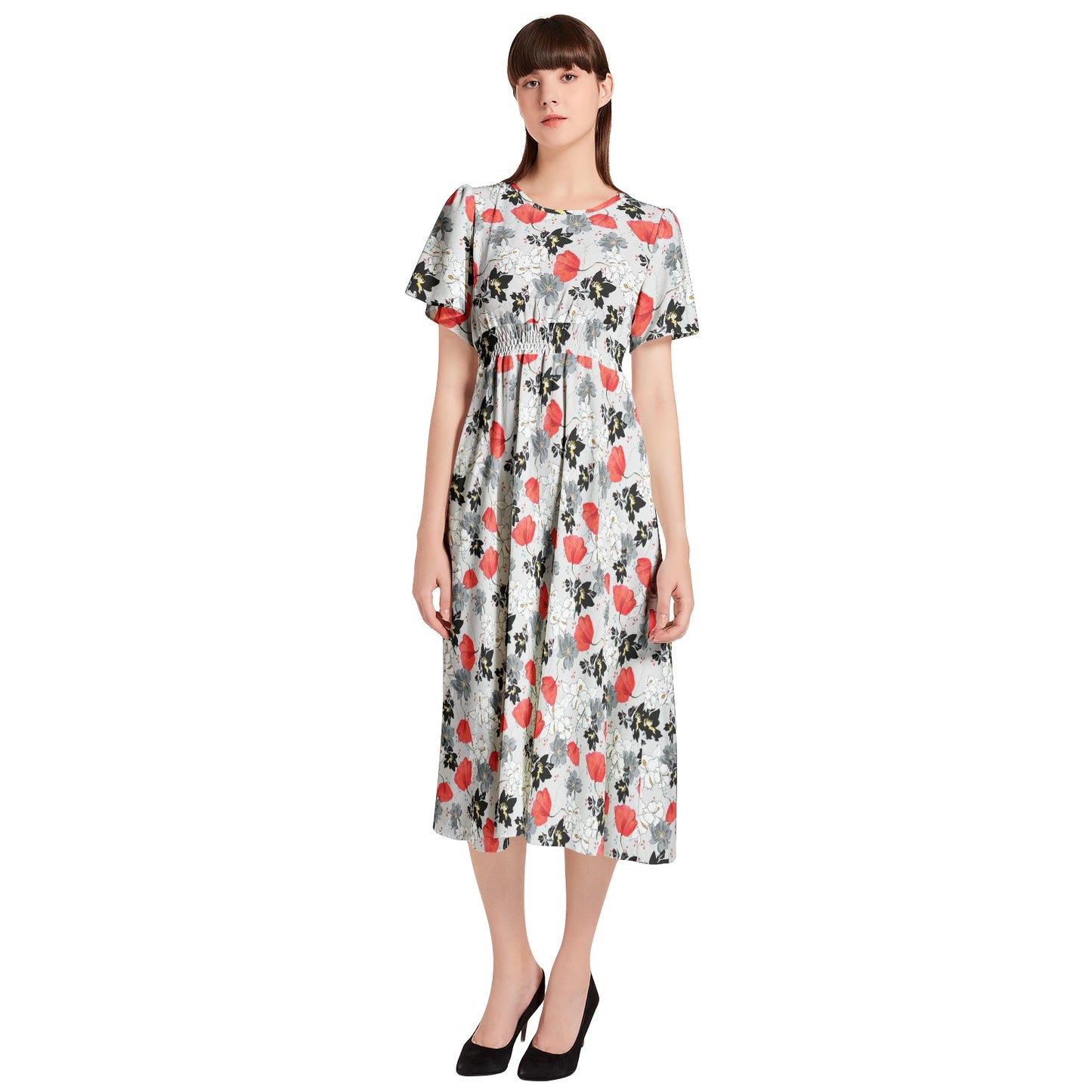 Short Sleeve Shirred Waist Midi Dress