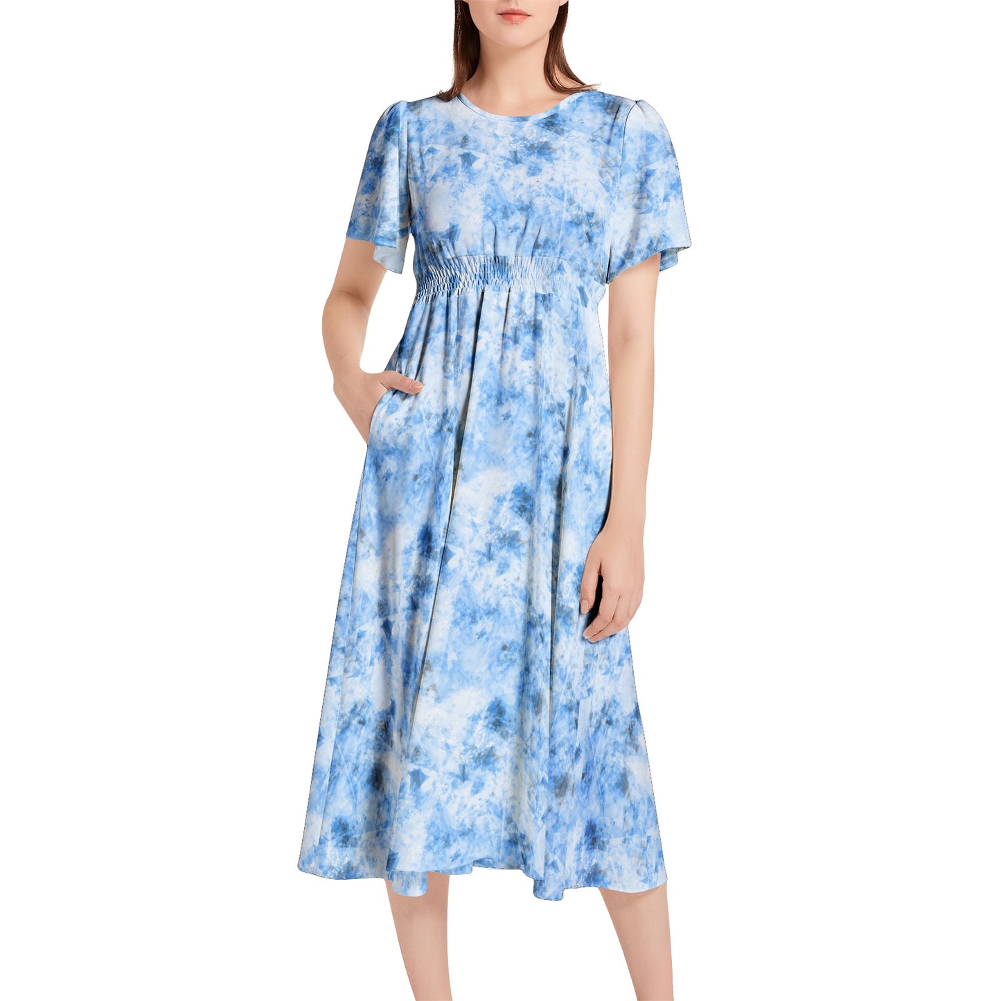 Short Sleeve Shirred Waist Midi Dress