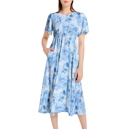 Short Sleeve Shirred Waist Midi Dress