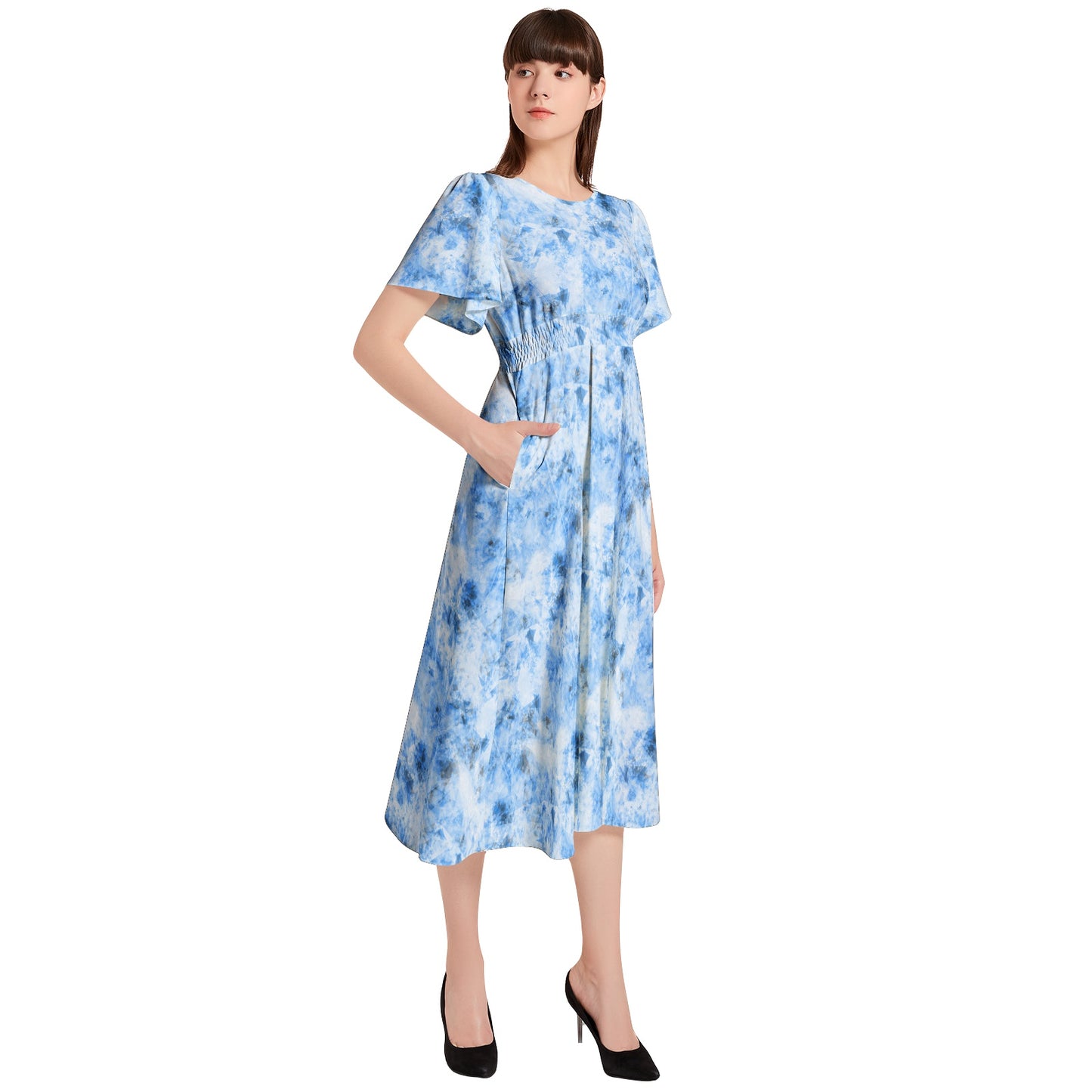 Short Sleeve Shirred Waist Midi Dress