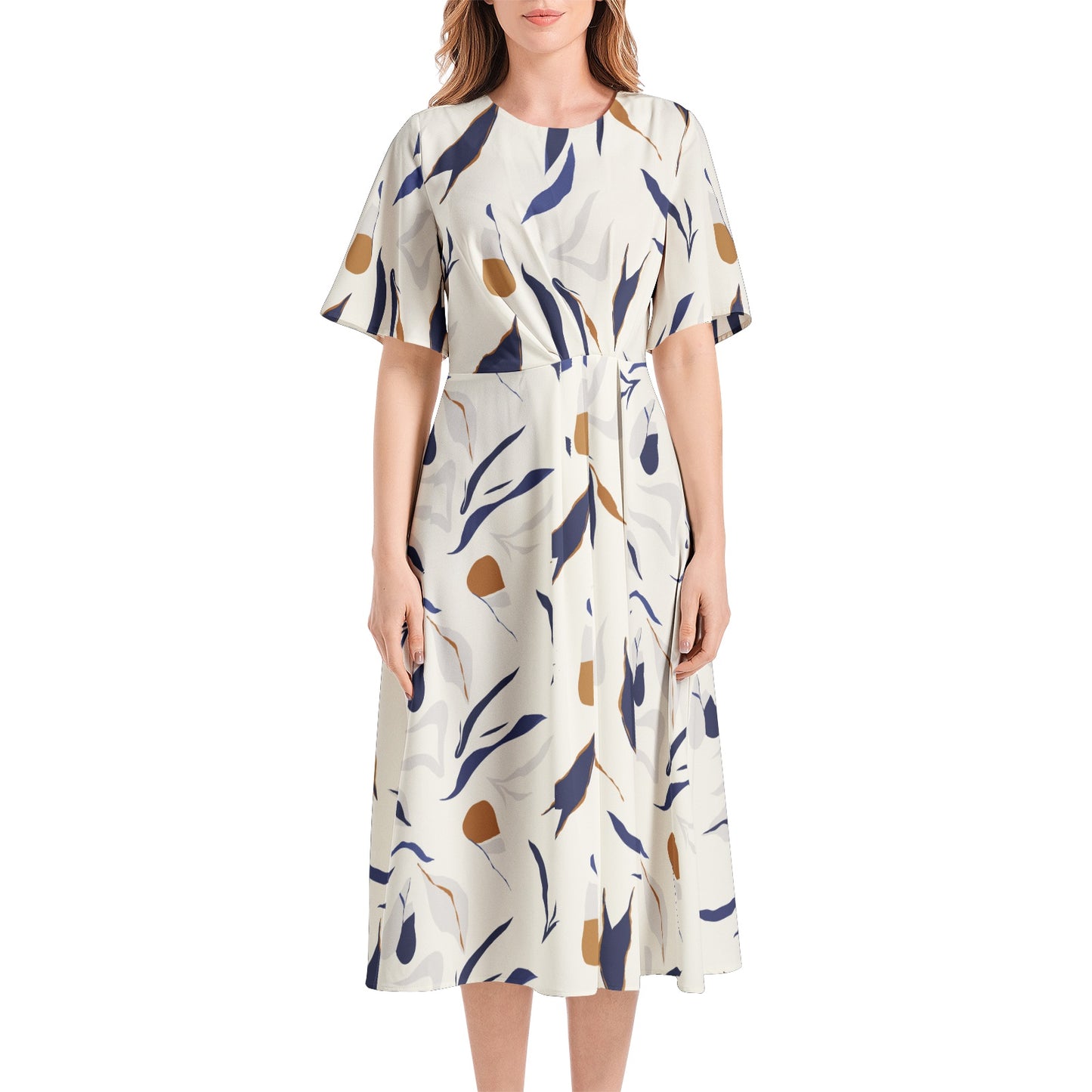 Short Sleeve Waist Folding Midi Dress