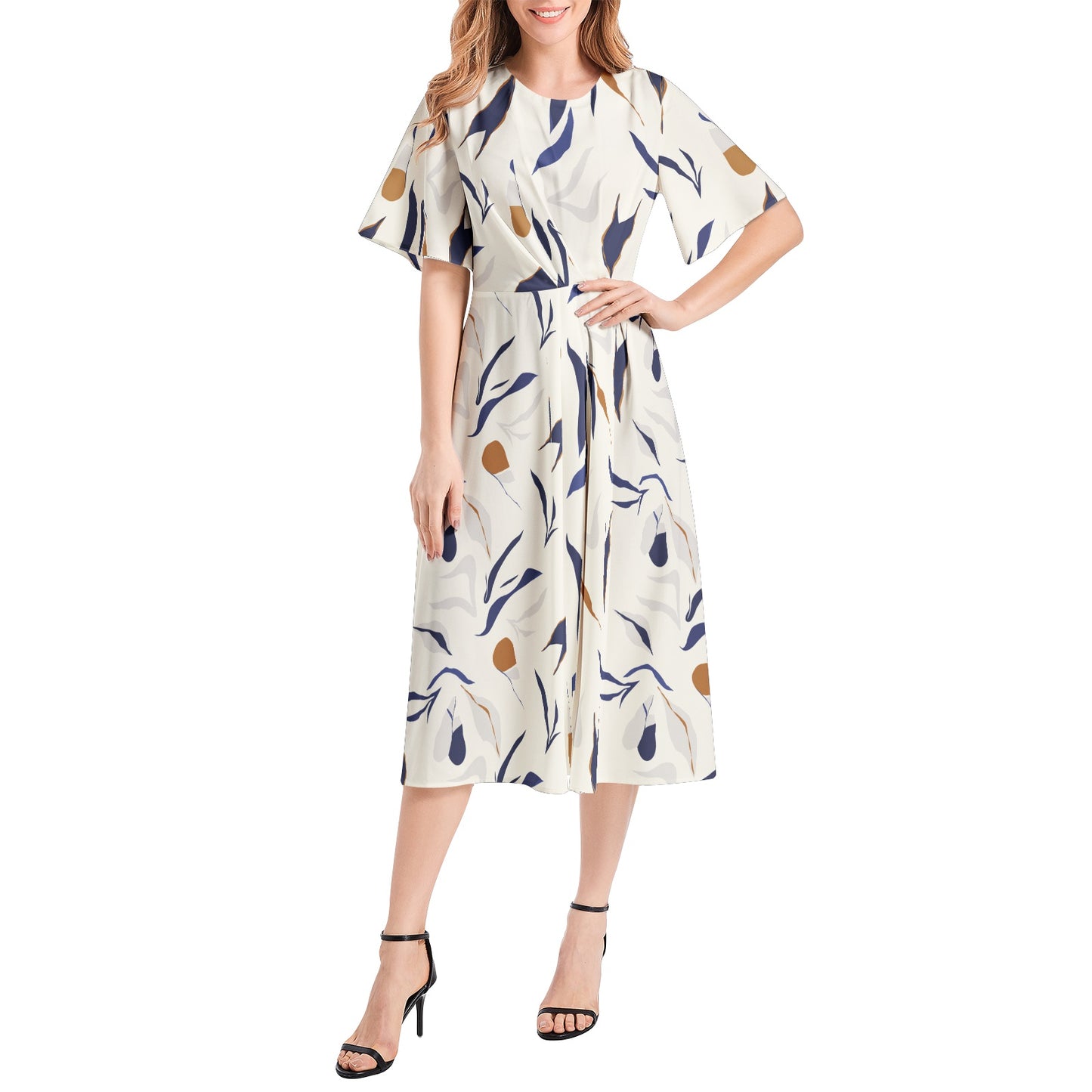 Short Sleeve Waist Folding Midi Dress