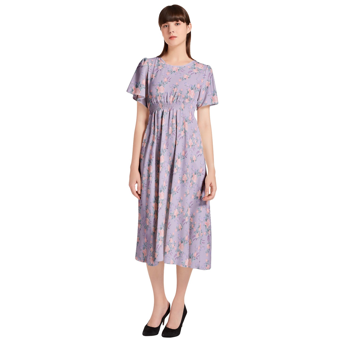 Short Sleeve Shirred Waist Midi Dress