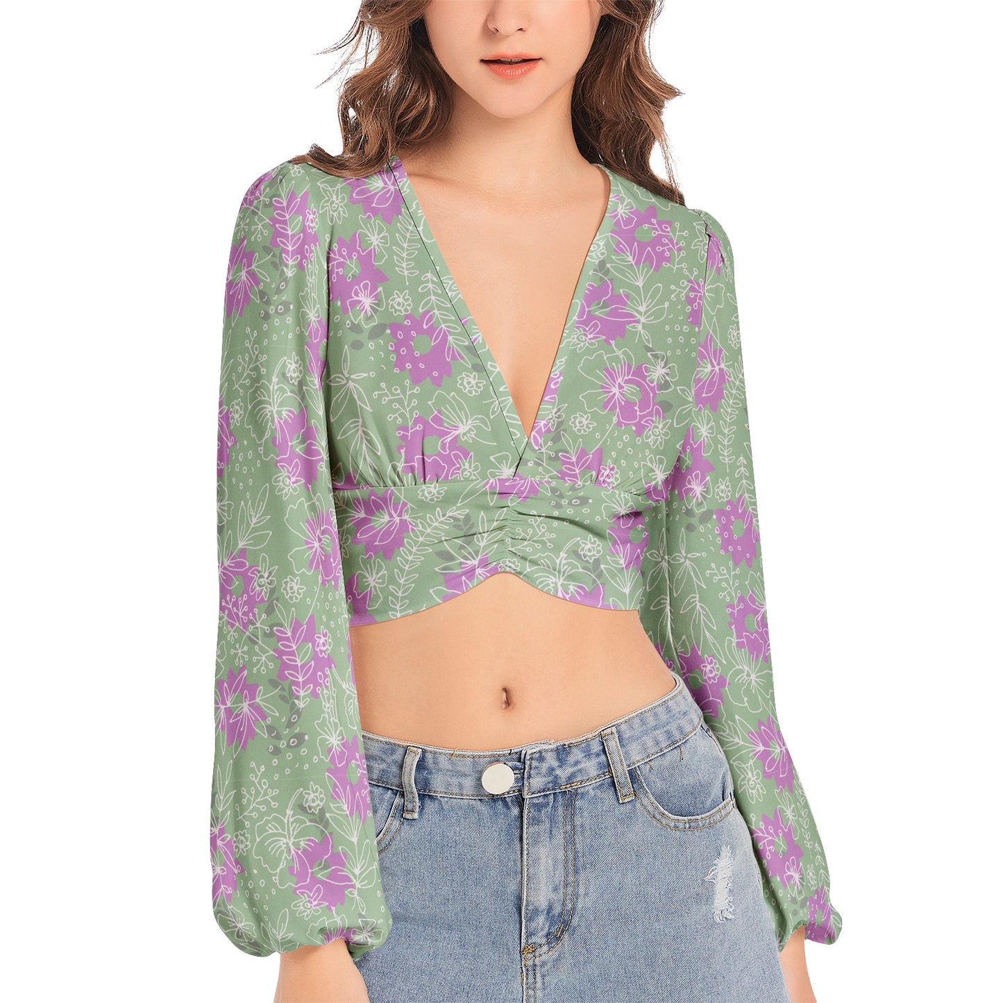 Women's Deep V-Neck Lantern Sleeve Crop Top