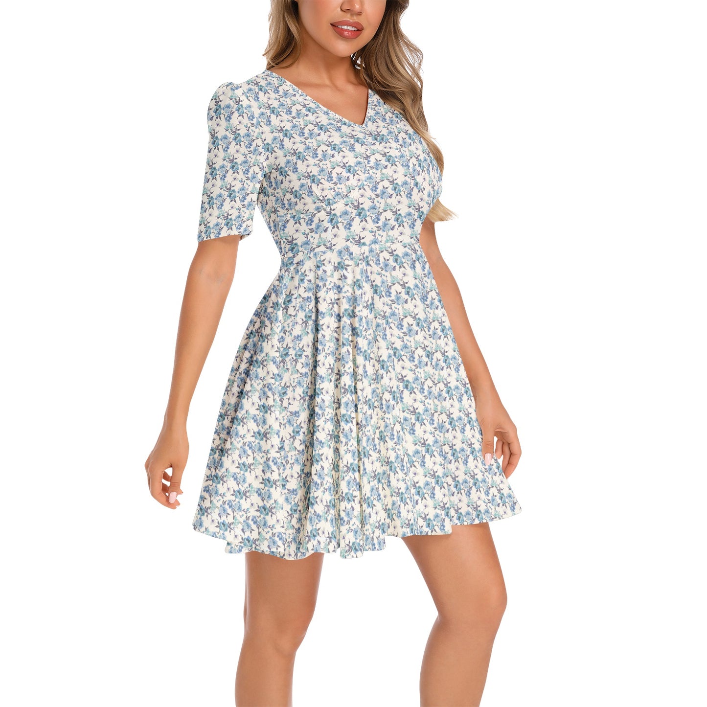 Short Sleeve Ruched Bust Flared Hem Dress