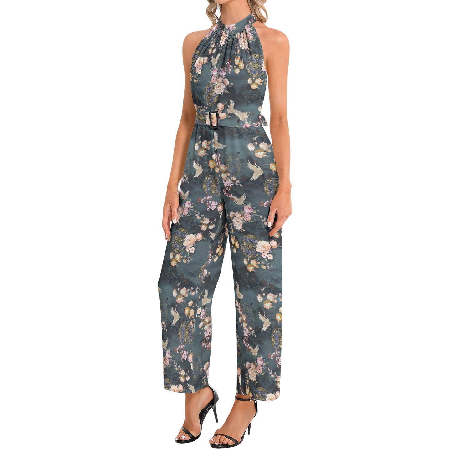 Halter Neck Buckle Belted Jumpsuit