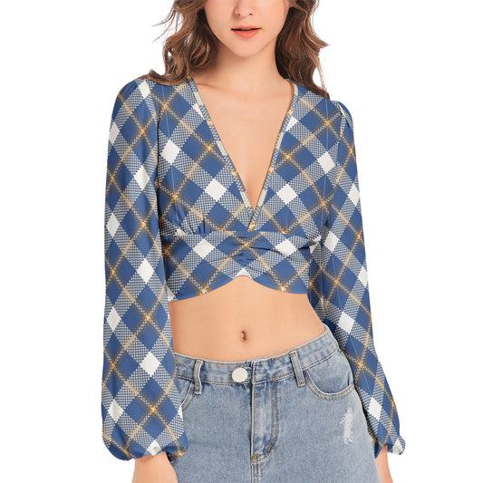 Women's Deep V-Neck Lantern Sleeve Crop Top