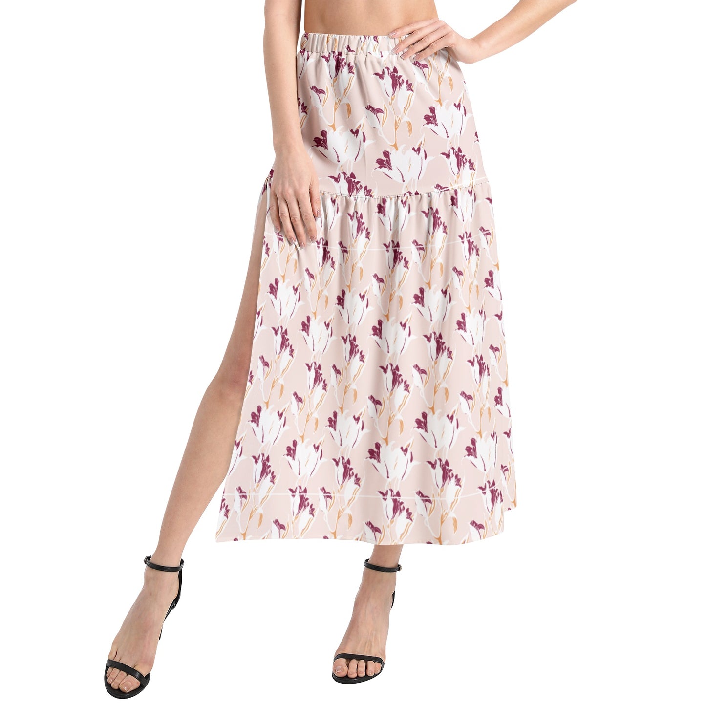 Elastic Waist Ruffle Slit Hem Skirt