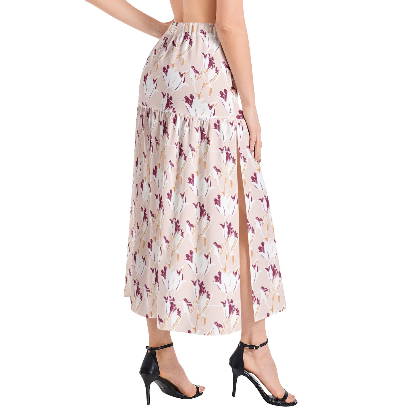 Elastic Waist Ruffle Slit Hem Skirt