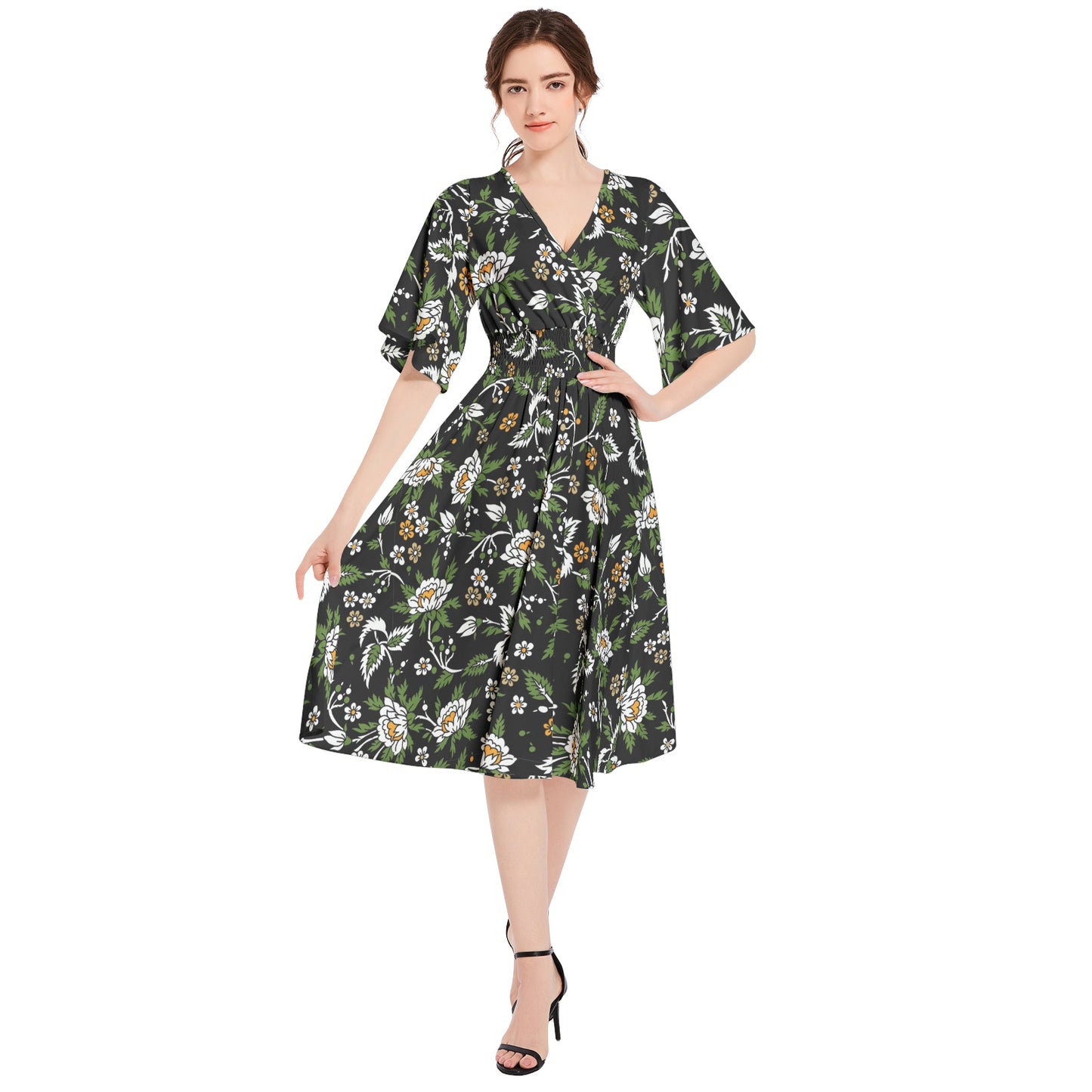 Butterfly Sleeve Shirred High Waist A Line Midi Dress