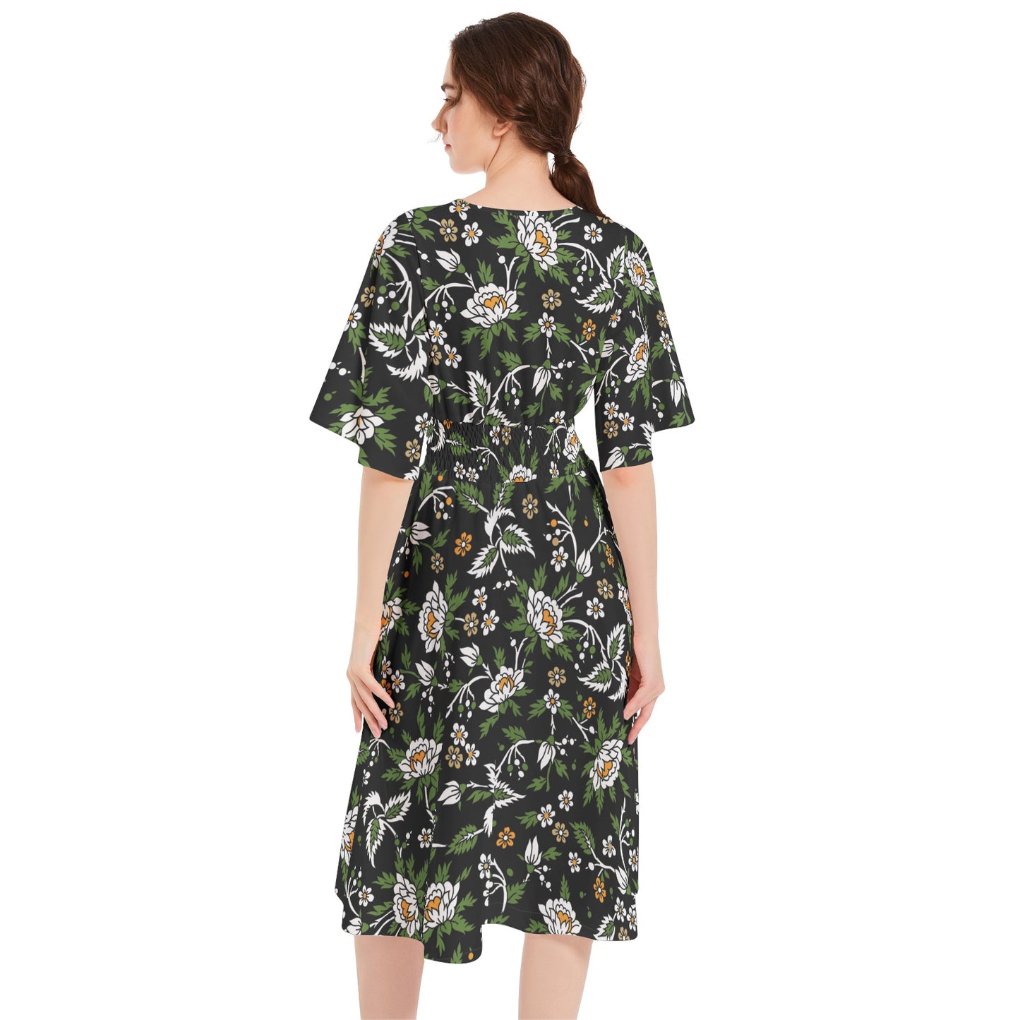 Butterfly Sleeve Shirred High Waist A Line Midi Dress