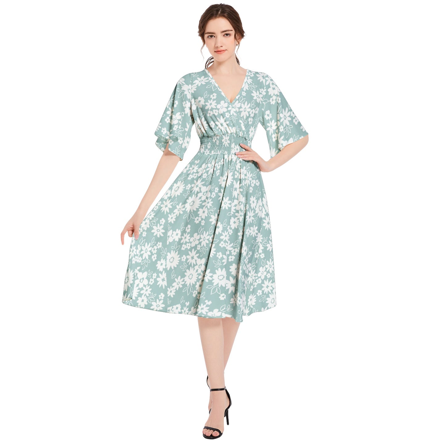 Butterfly Sleeve Shirred High Waist A Line Midi Dress