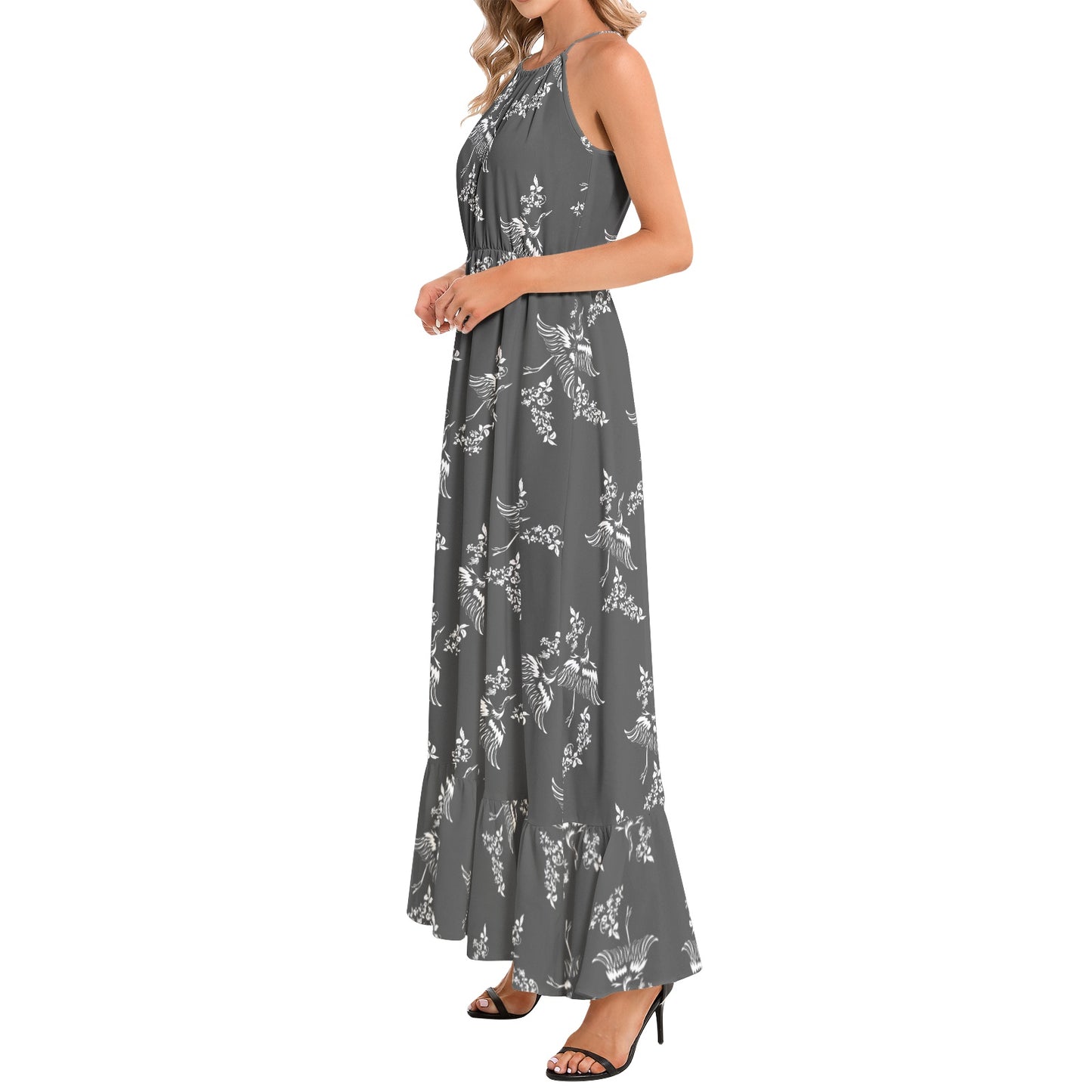 Ruffle Hem Halter Neck Maxi Dress