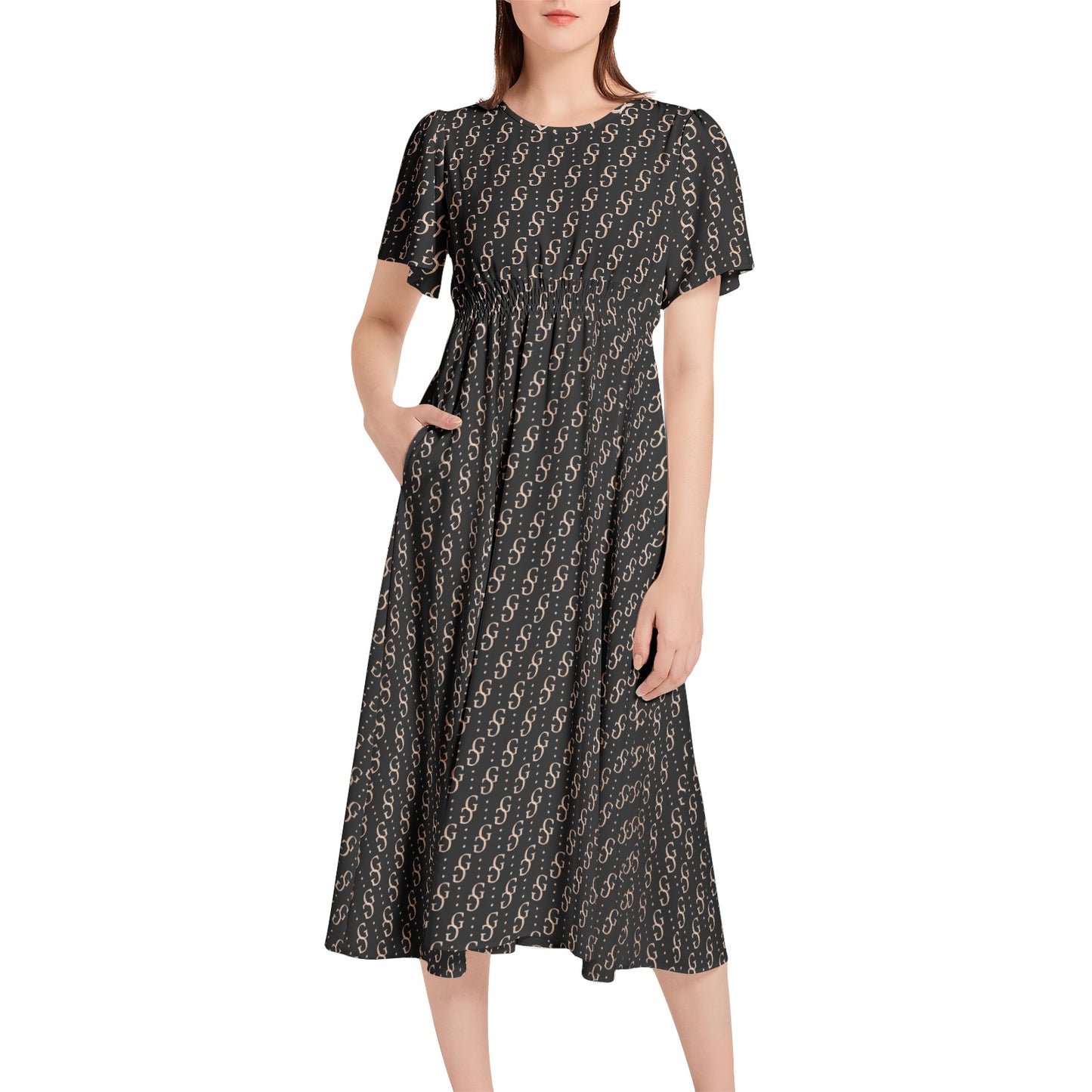 Short Sleeve Shirred Waist Midi Dress