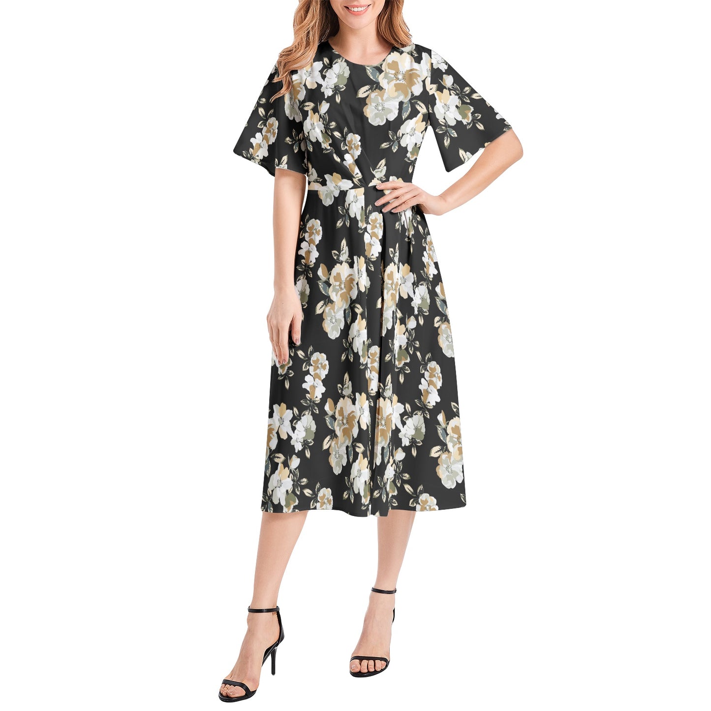 Short Sleeve Waist Folding Midi Dress