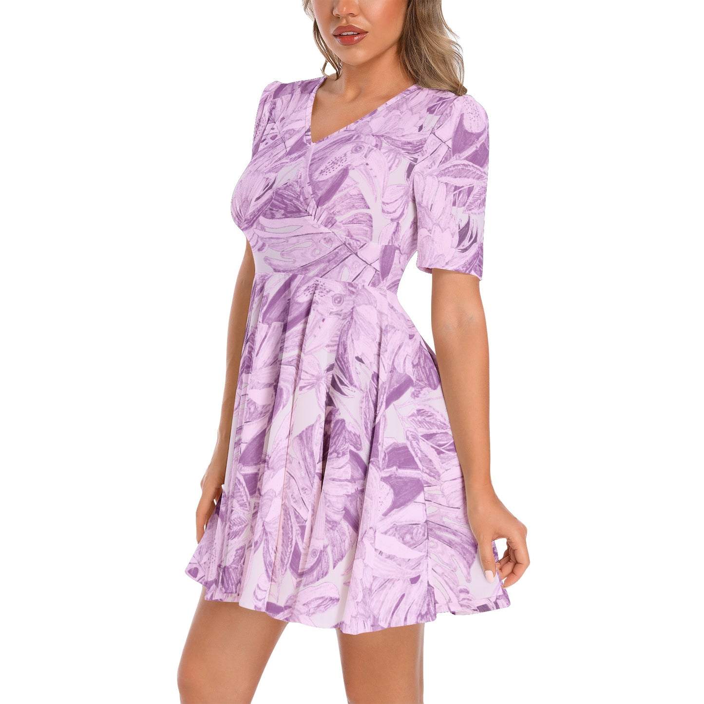 Short Sleeve Ruched Bust Flared Hem Dress