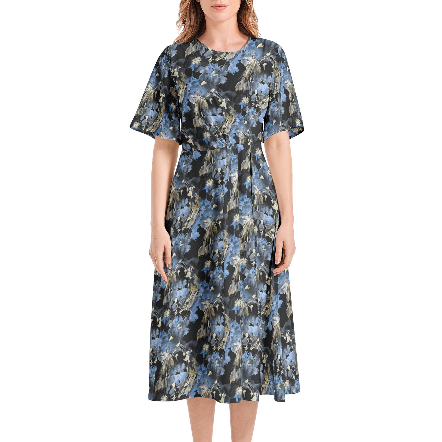 Short Sleeve Waist Folding Midi Dress