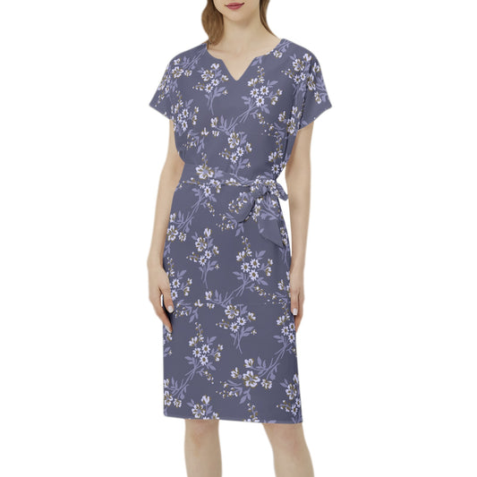 Betwing Seleeve Notch Neck Casual Dress with Belt