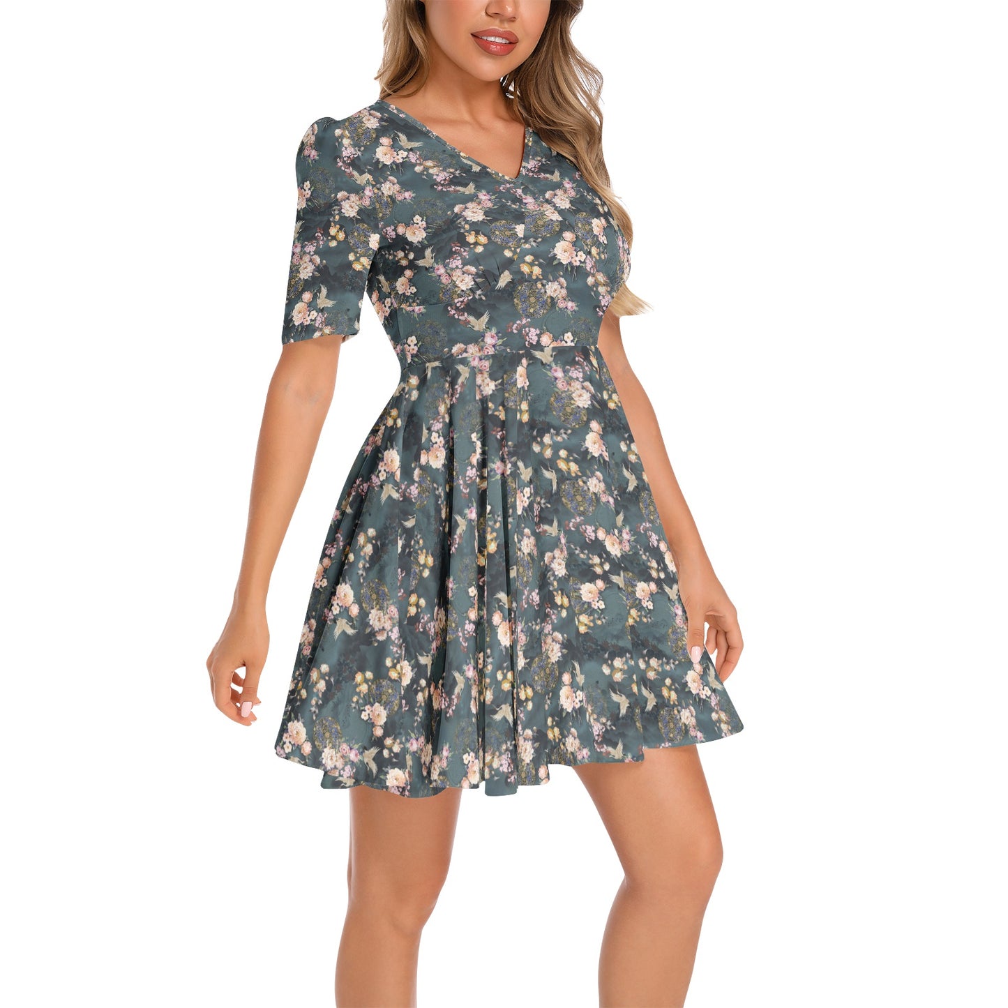 Short Sleeve Ruched Bust Flared Hem Dress