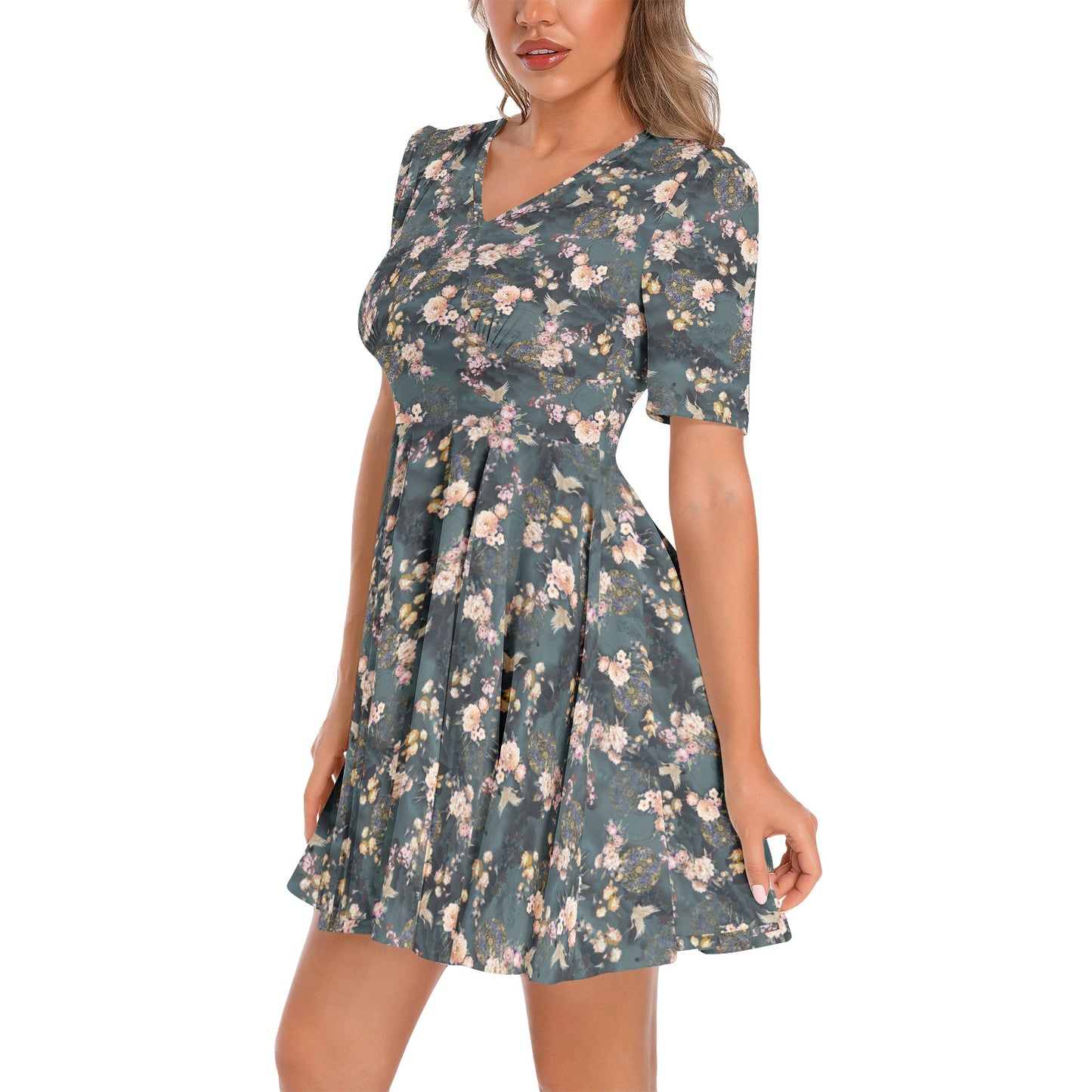 Short Sleeve Ruched Bust Flared Hem Dress