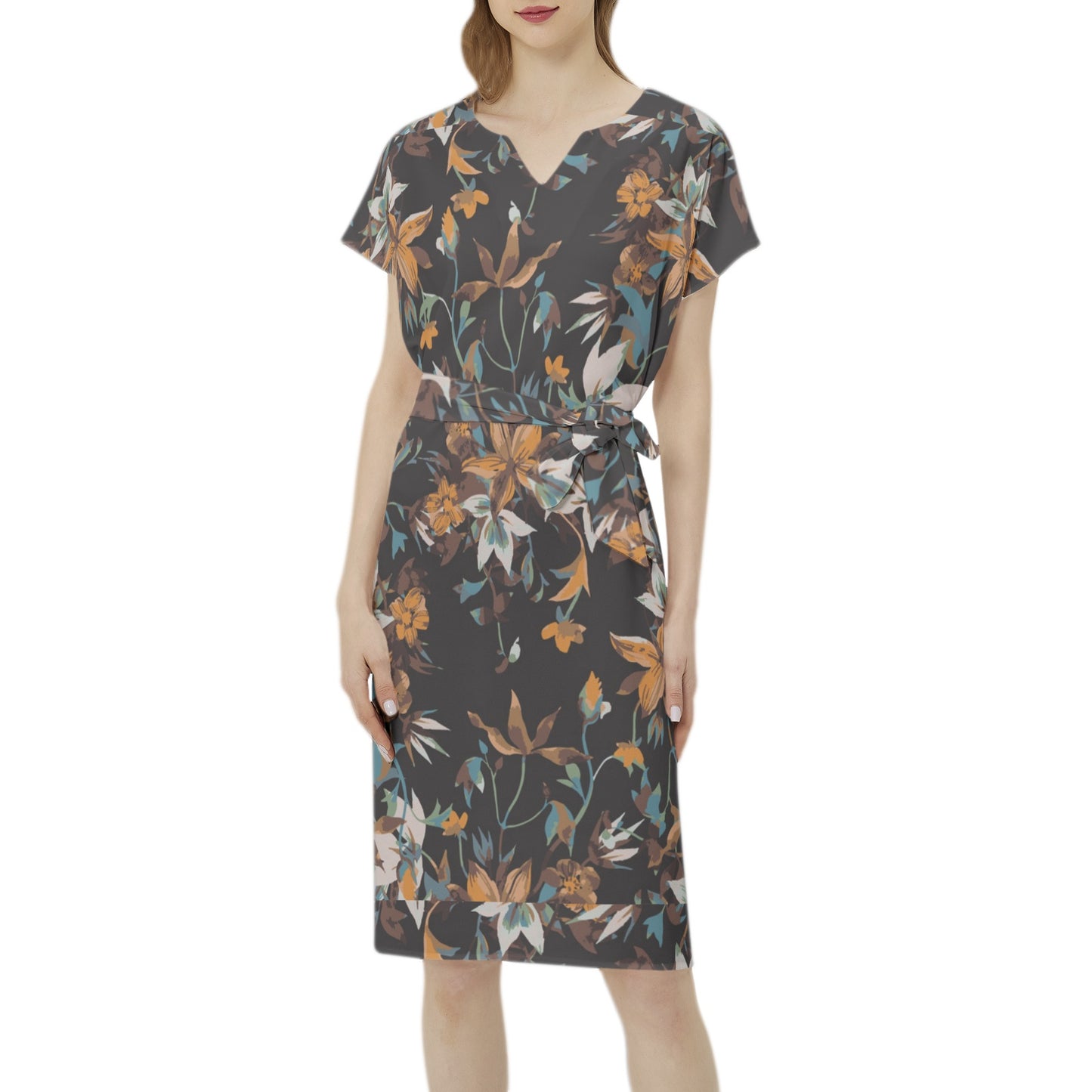 Betwing Seleeve Notch Neck Casual Dress with Belt