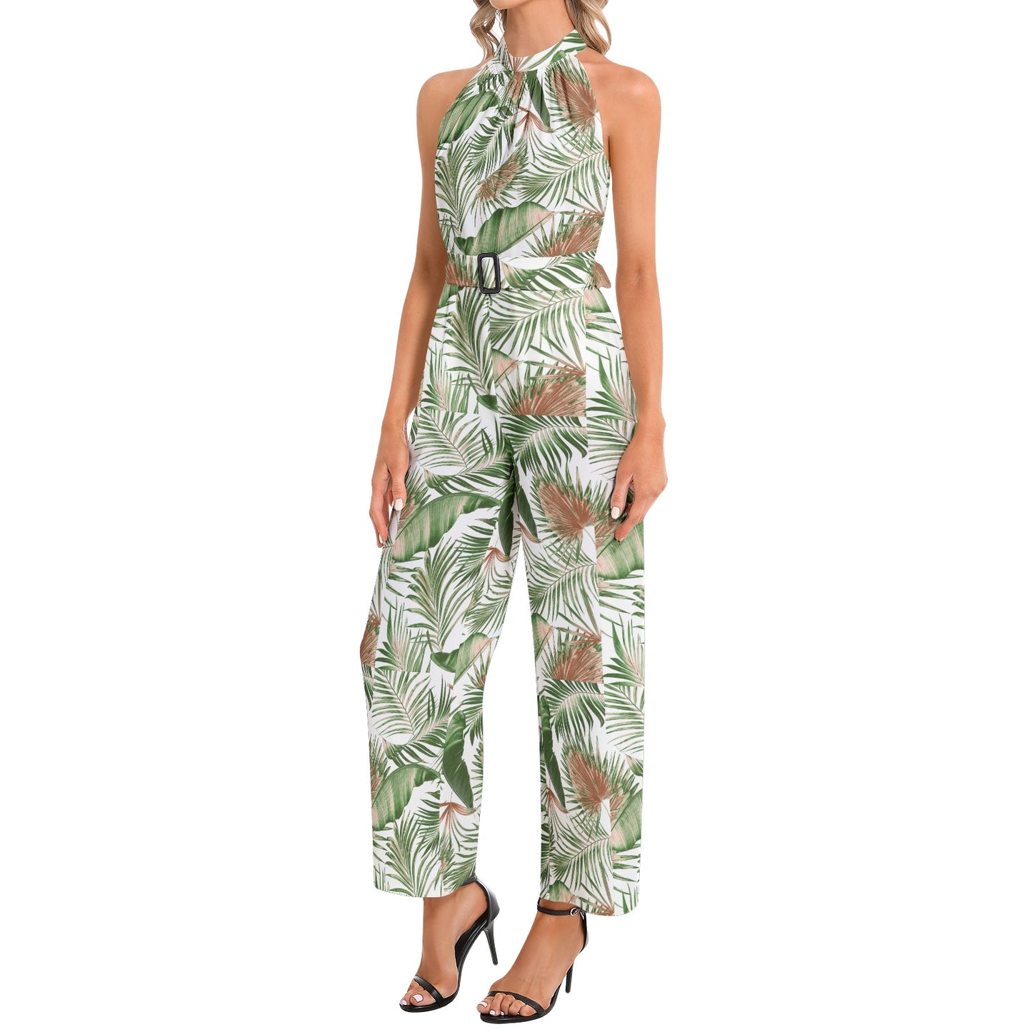 Halter Neck Buckle Belted Jumpsuit