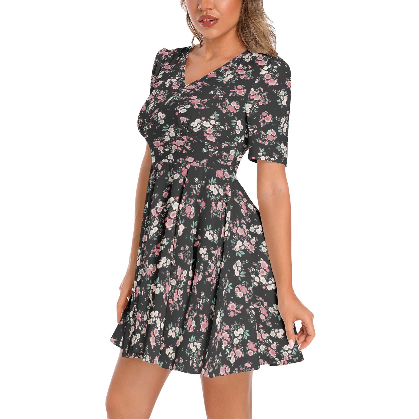 Short Sleeve Ruched Bust Flared Hem Dress