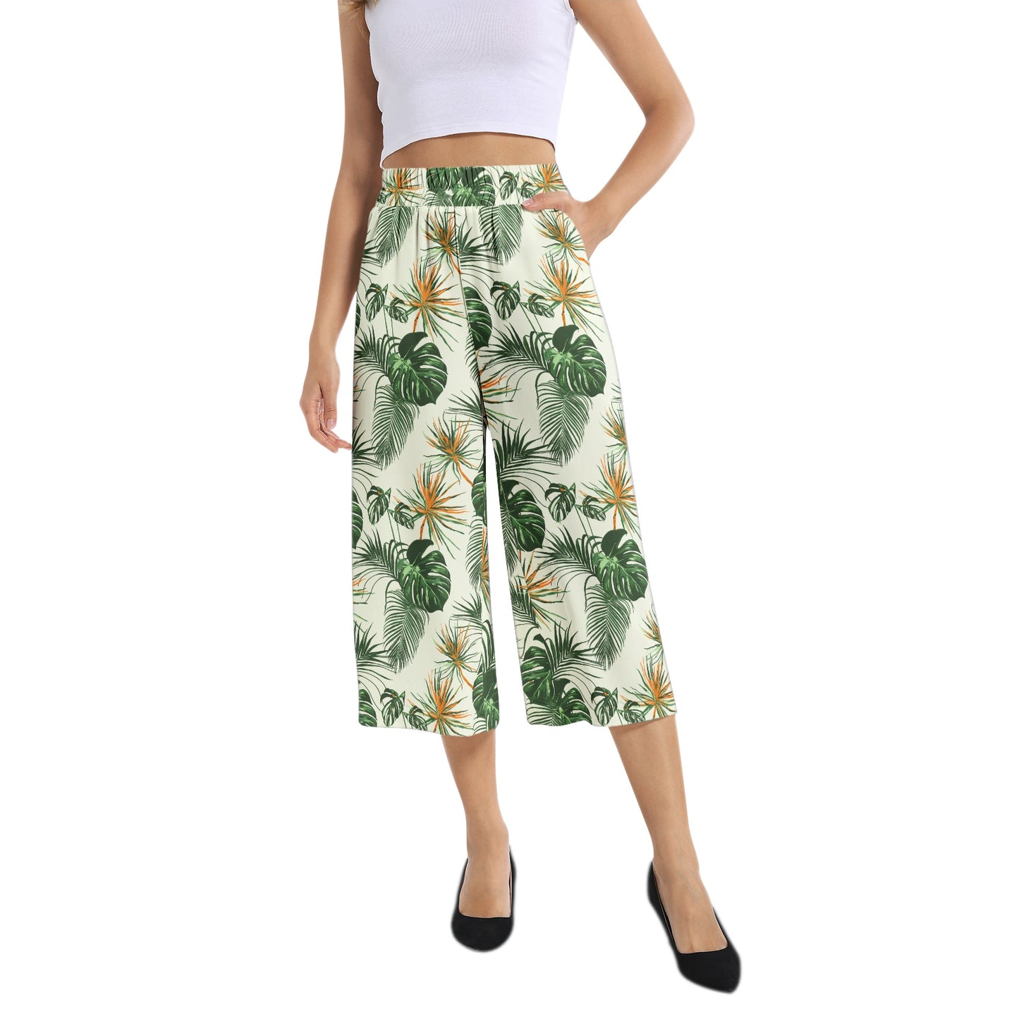 Elastic Waist Capris Wide Leg Pant