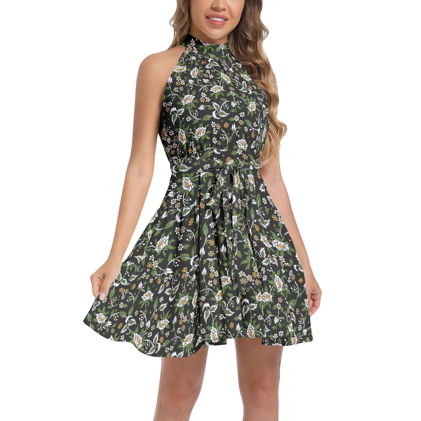 Ruffle Hem Belted Halter Dress