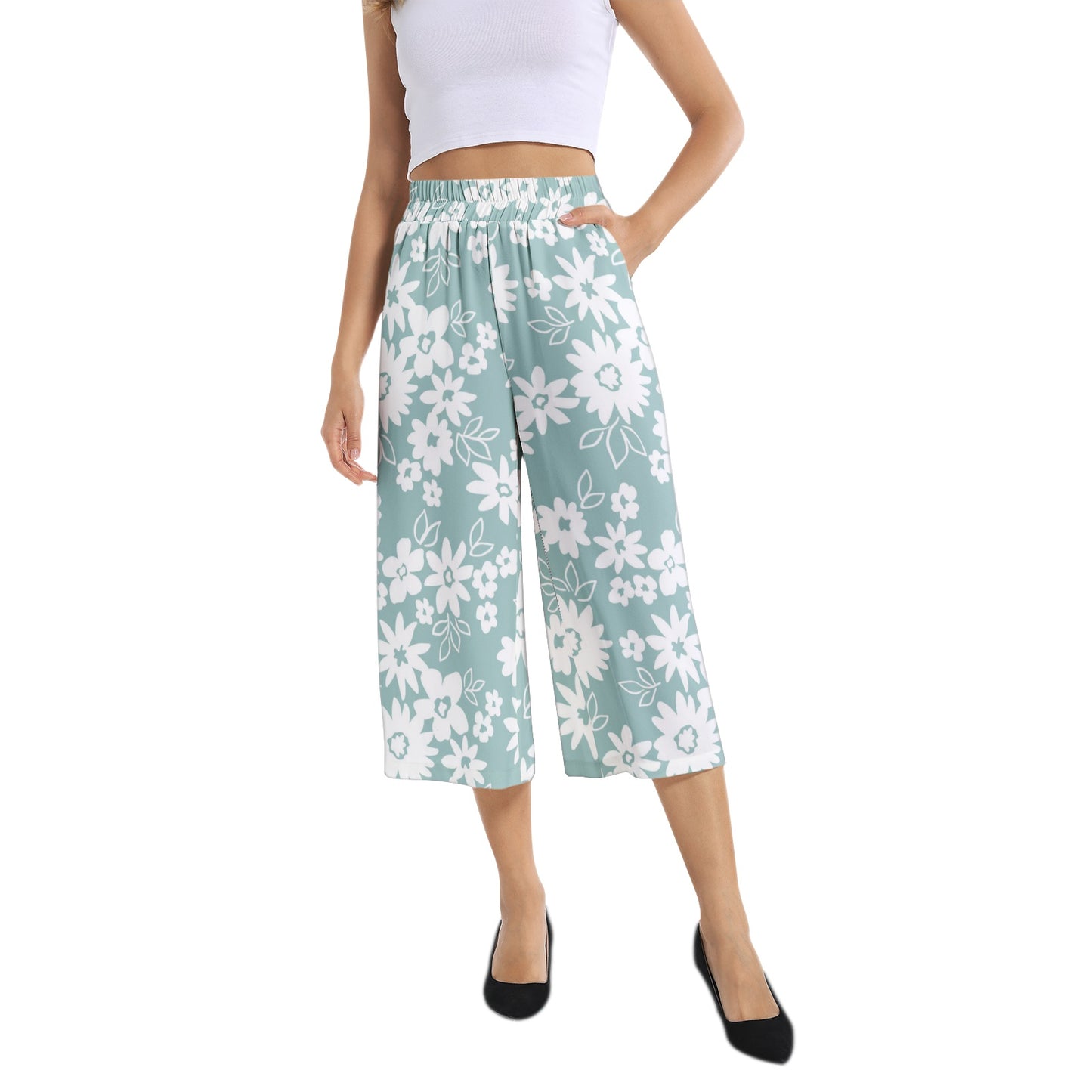 Elastic Waist Capris Wide Leg Pant