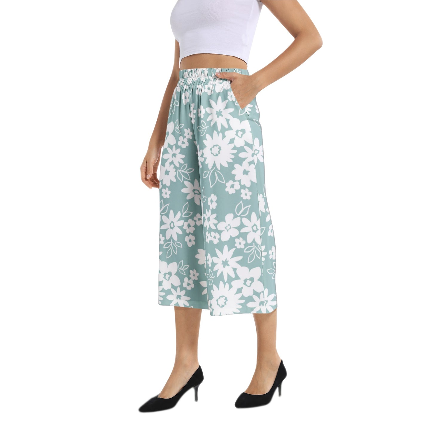 Elastic Waist Capris Wide Leg Pant