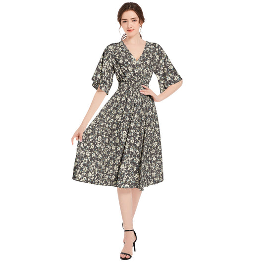 Butterfly Sleeve Shirred High Waist A Line Midi Dress