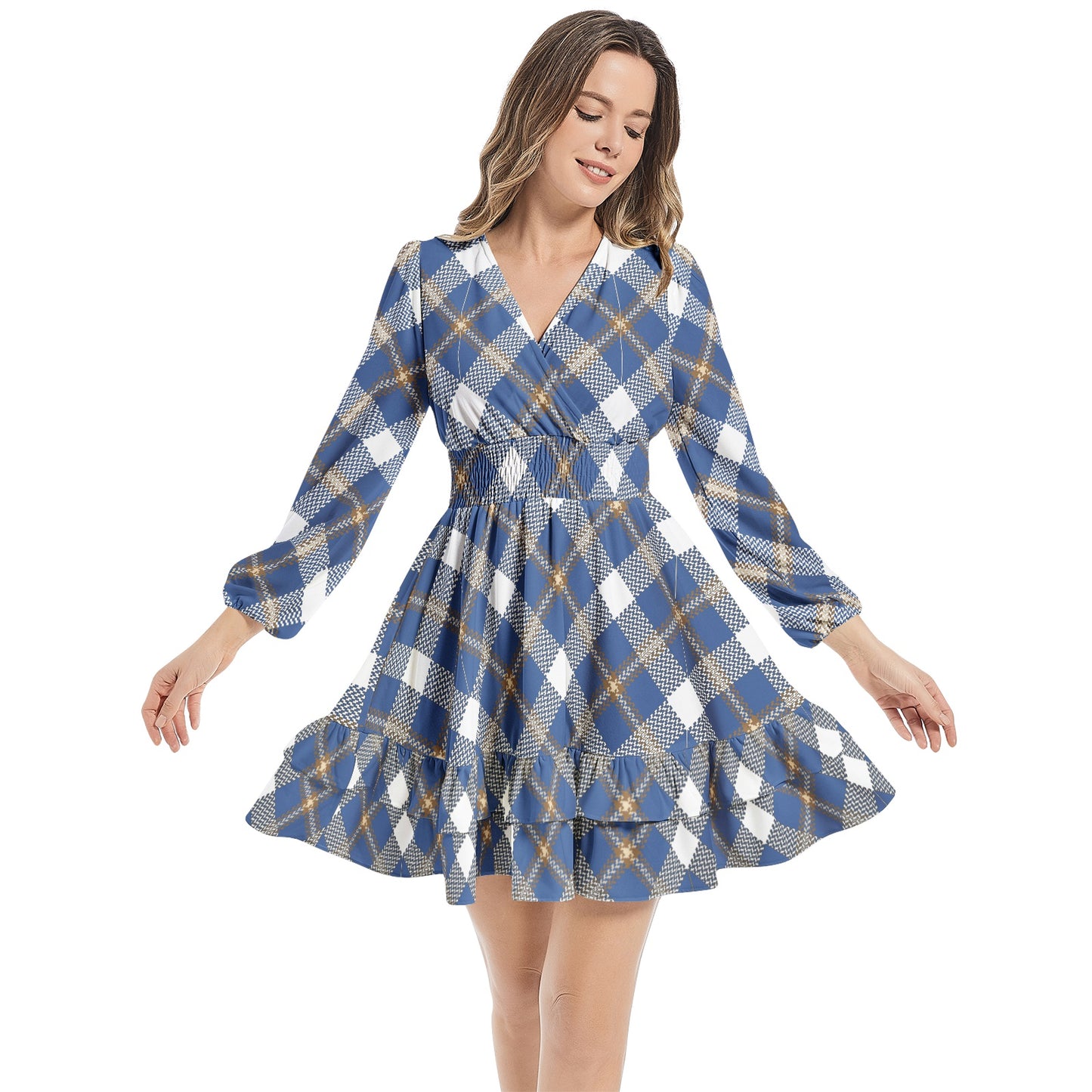 Long Sleeve Tiered Ruffle Hem Elastic Waist Mini Dress