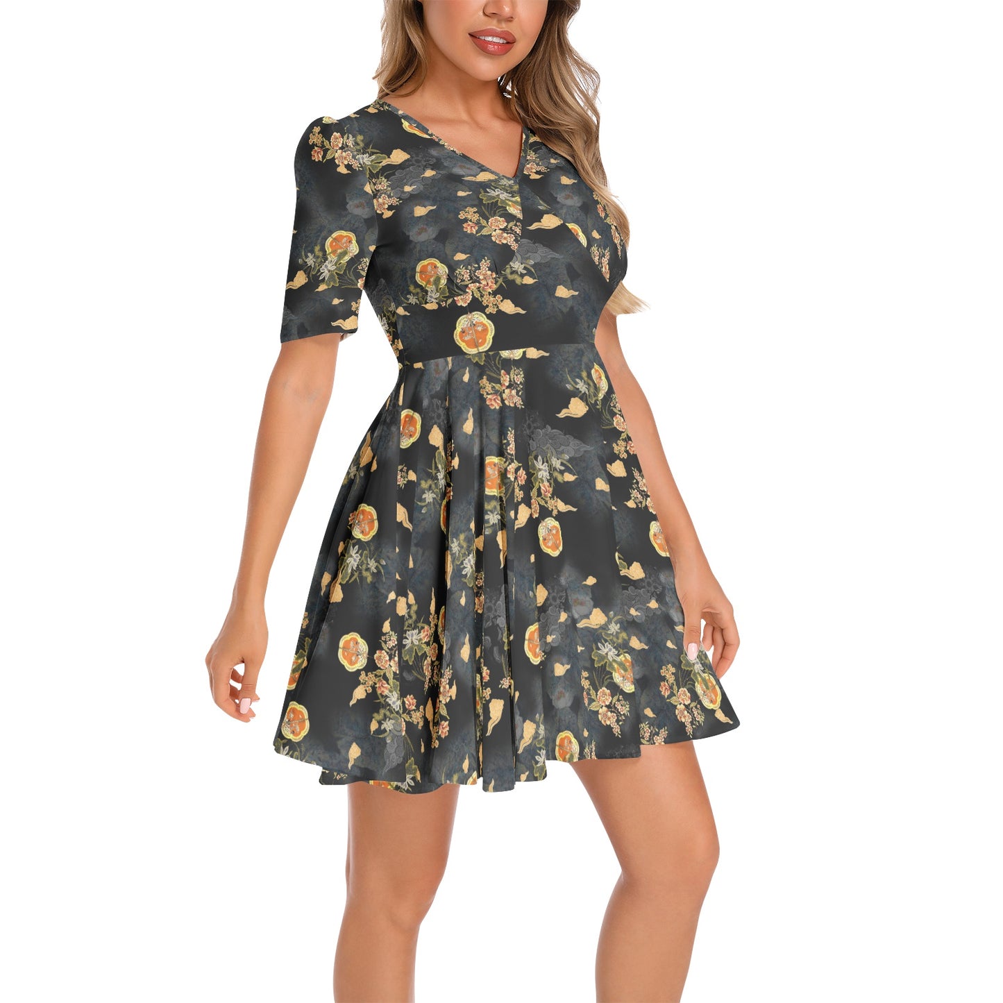 Short Sleeve Ruched Bust Flared Hem Dress