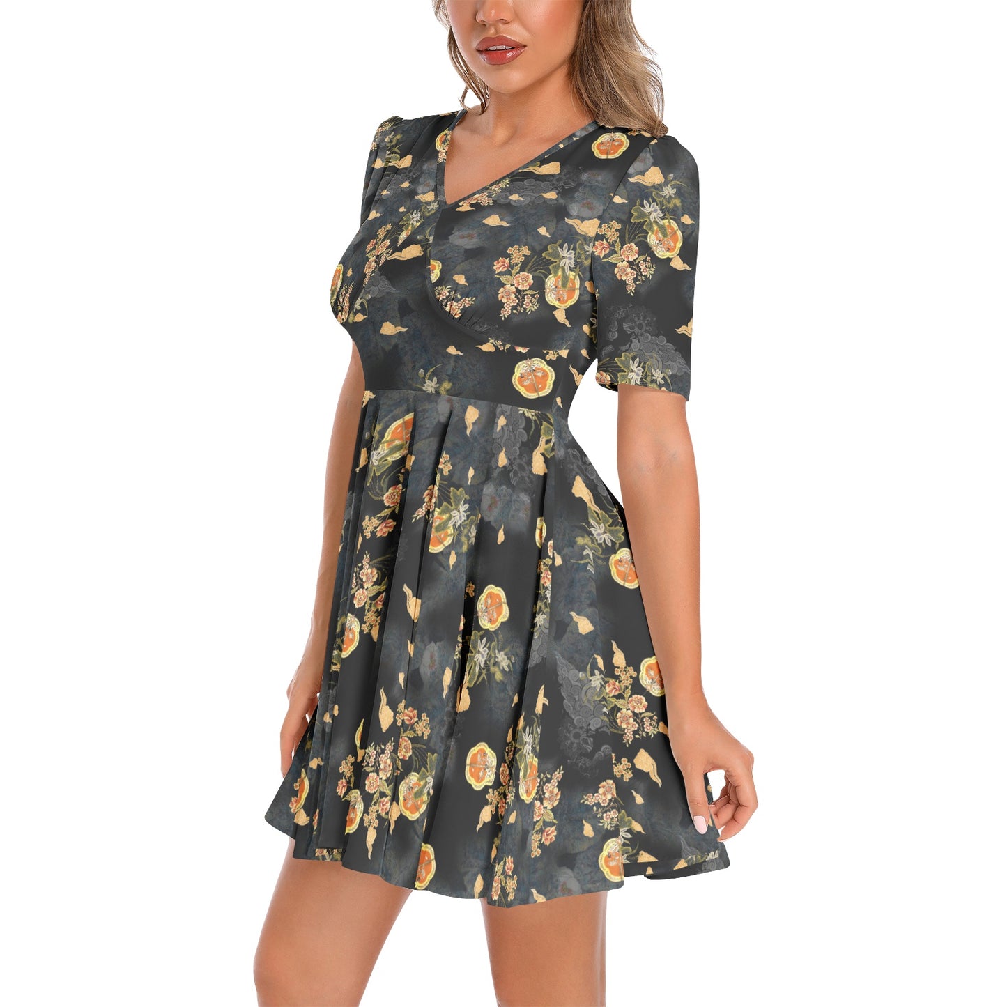 Short Sleeve Ruched Bust Flared Hem Dress