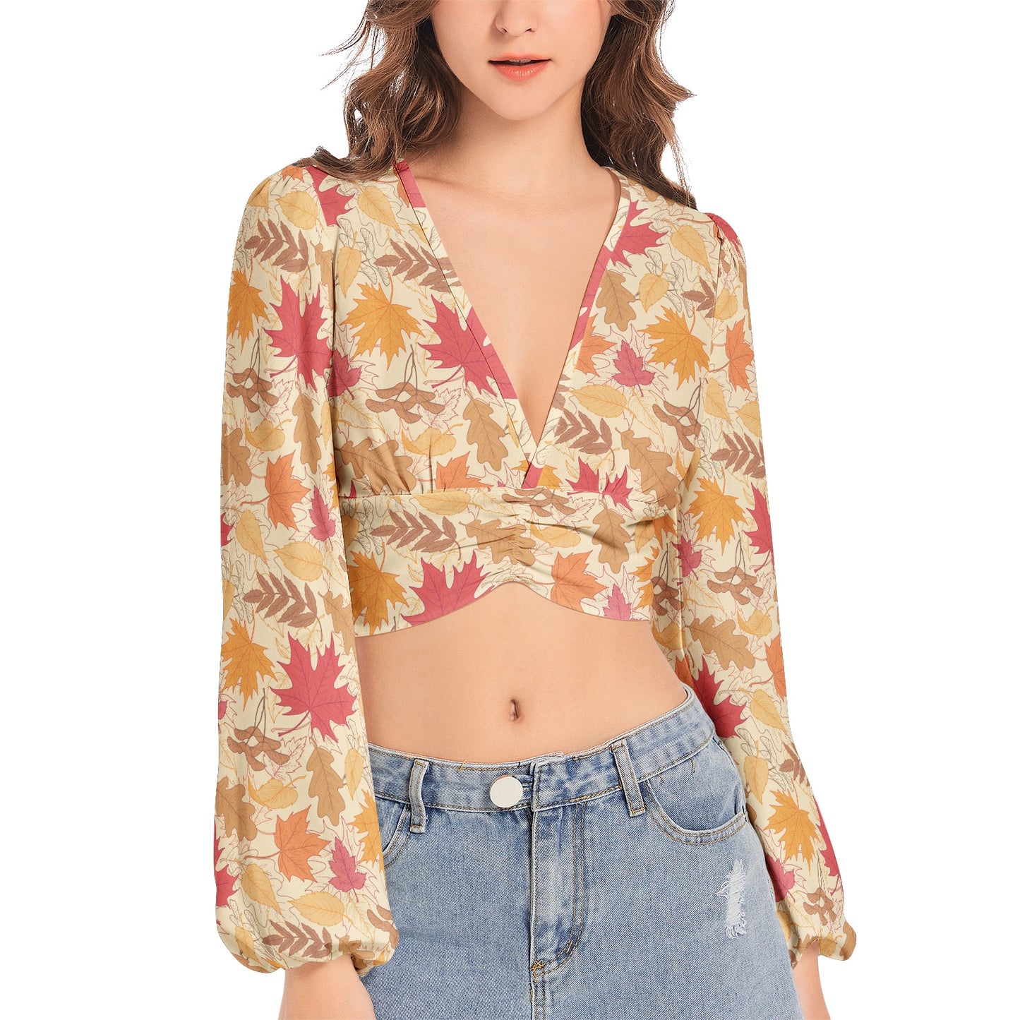 Women's Deep V-Neck Lantern Sleeve Crop Top