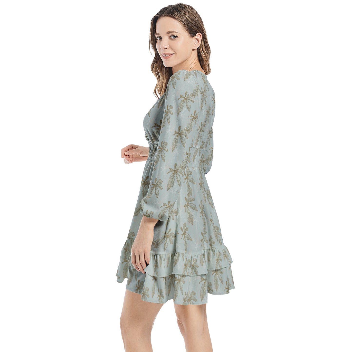 Long Sleeve Tiered Ruffle Hem Elastic Waist Mini Dress