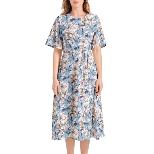 Short Sleeve Waist Folding Midi Dress