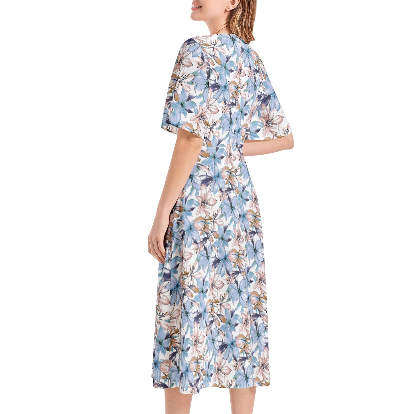 Short Sleeve Waist Folding Midi Dress