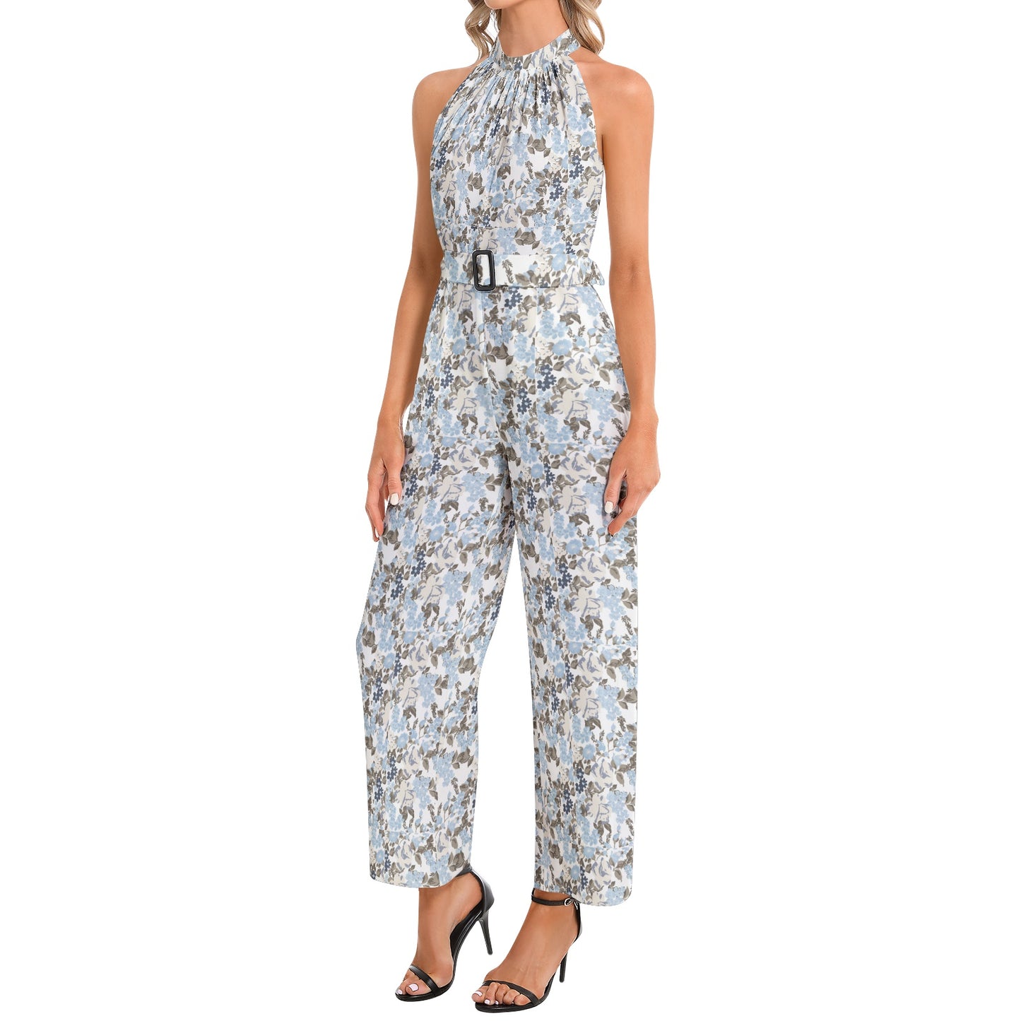 Halter Neck Buckle Belted Jumpsuit